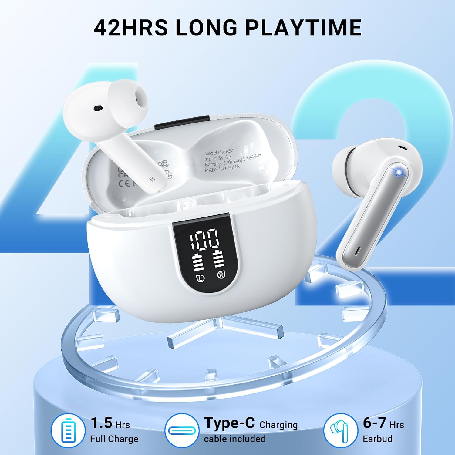 Thumbnail 4 de Aovoce A60PRO Wireless Earbuds (Bluetooth 5.3) with LED display, 4-mic ENC calls and touch controls