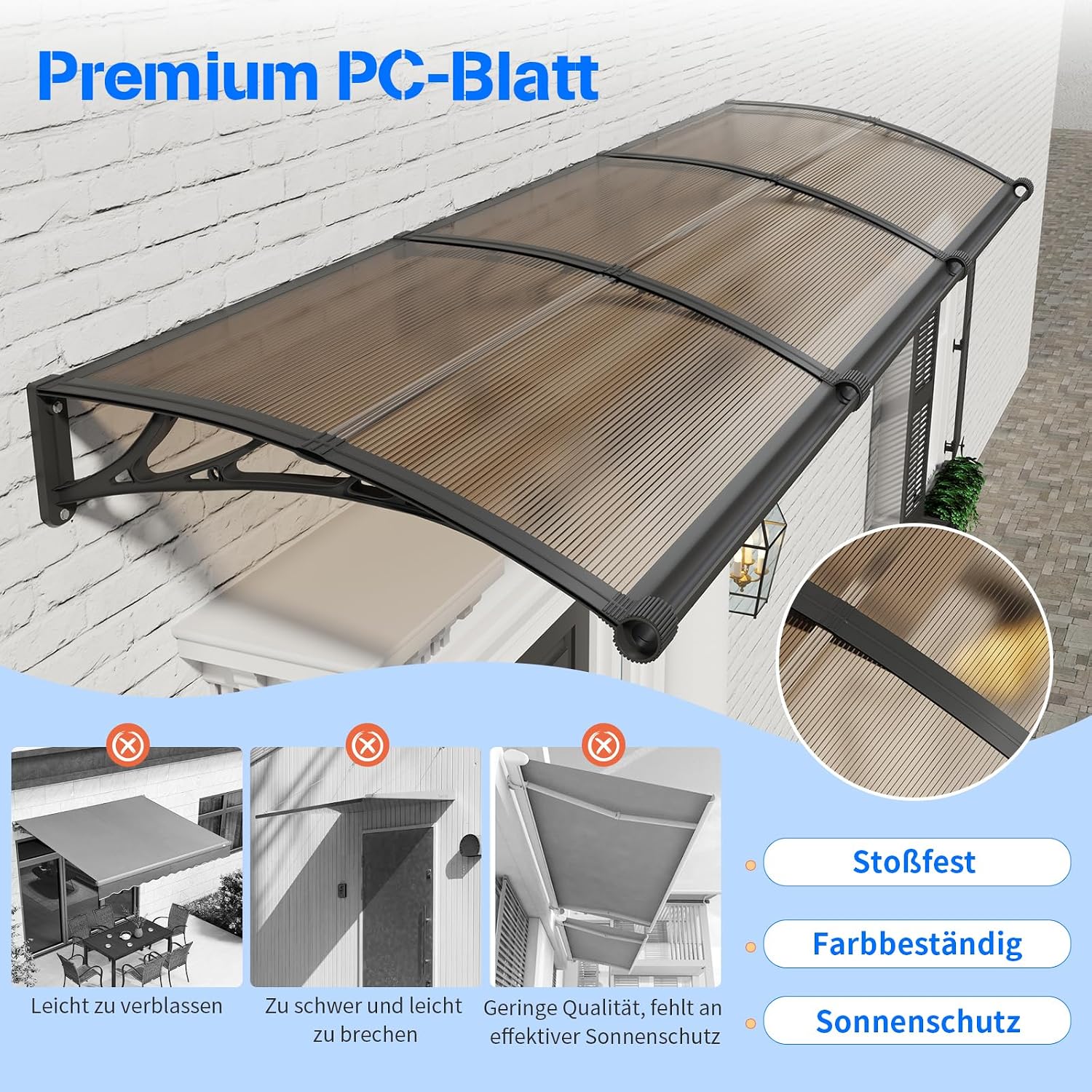 Thumbnail 4 de Vordach für Haustür 150x100 cm von GGNEBAI – Polycarbonat-Pultvordach mit separatem Entwässerungskanal