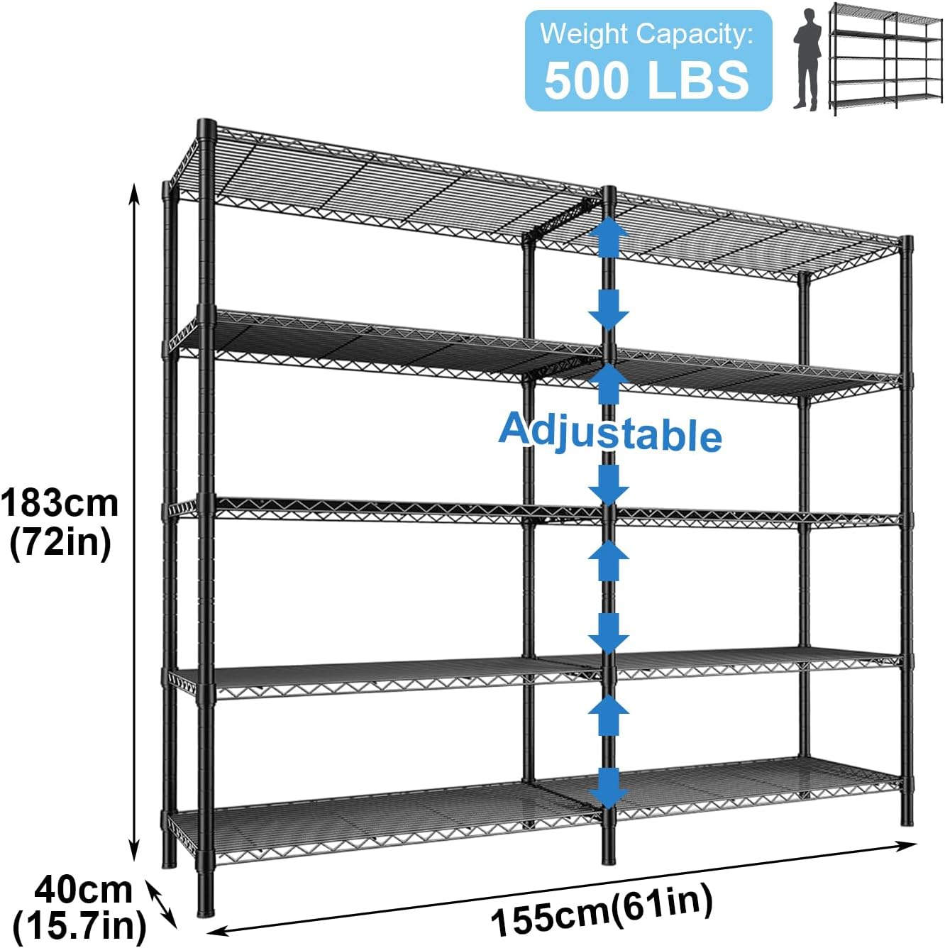 Detalle de CAVSOIR 5-Tier Wire Shelving Unit, 61-Inch Wide Adjustable Black Metal Rack