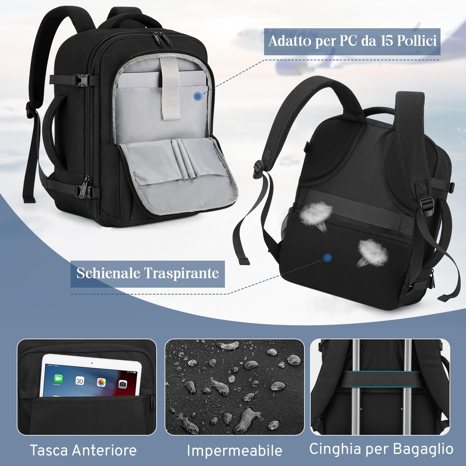 Thumbnail 4 de VSNOON Zaino da Viaggio Estendibile 40x30x20 cm, 24–30 L, Tasche e Laptop 15", Nero