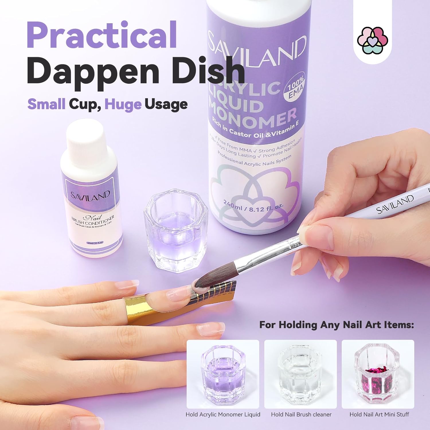 Thumbnail 6 de SAVILAND Acryl Liquid Set für Nägel (EMA Monomer Acrylic Liquid) inkl. 3 Acrylpinsel, Pinselreiniger & Dappenschale