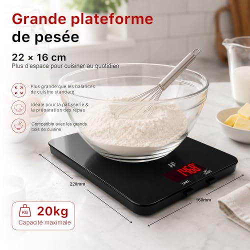 Detalle 2 de HomeFashion GRANDE Balance de Cuisine 20 kg – plateau verre 22 × 16 cm, Graduation 1 g