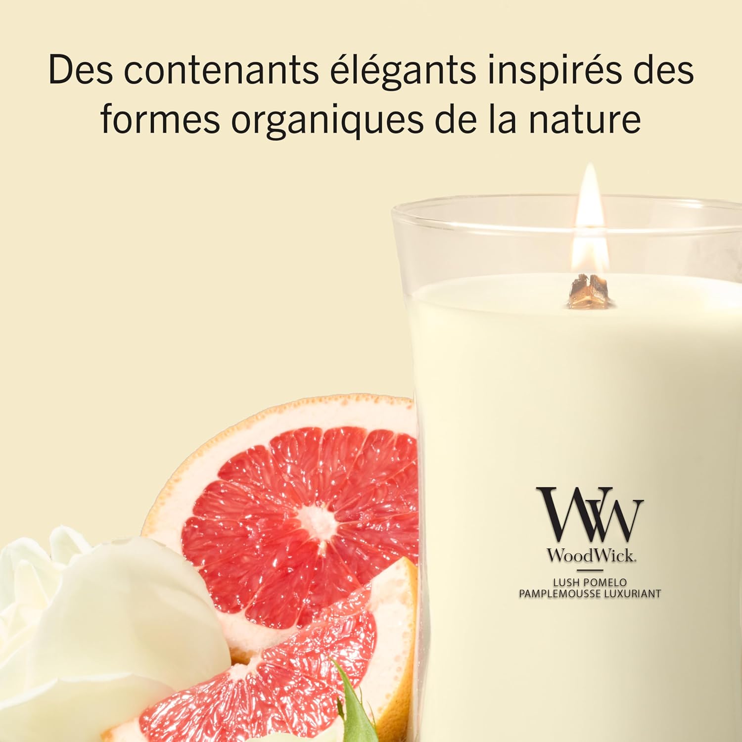 Detalle de WoodWick Grande Bougie Lush Pomelo – Une ambiance lumineuse et果ambiance parfumée, idéale comme cadeau