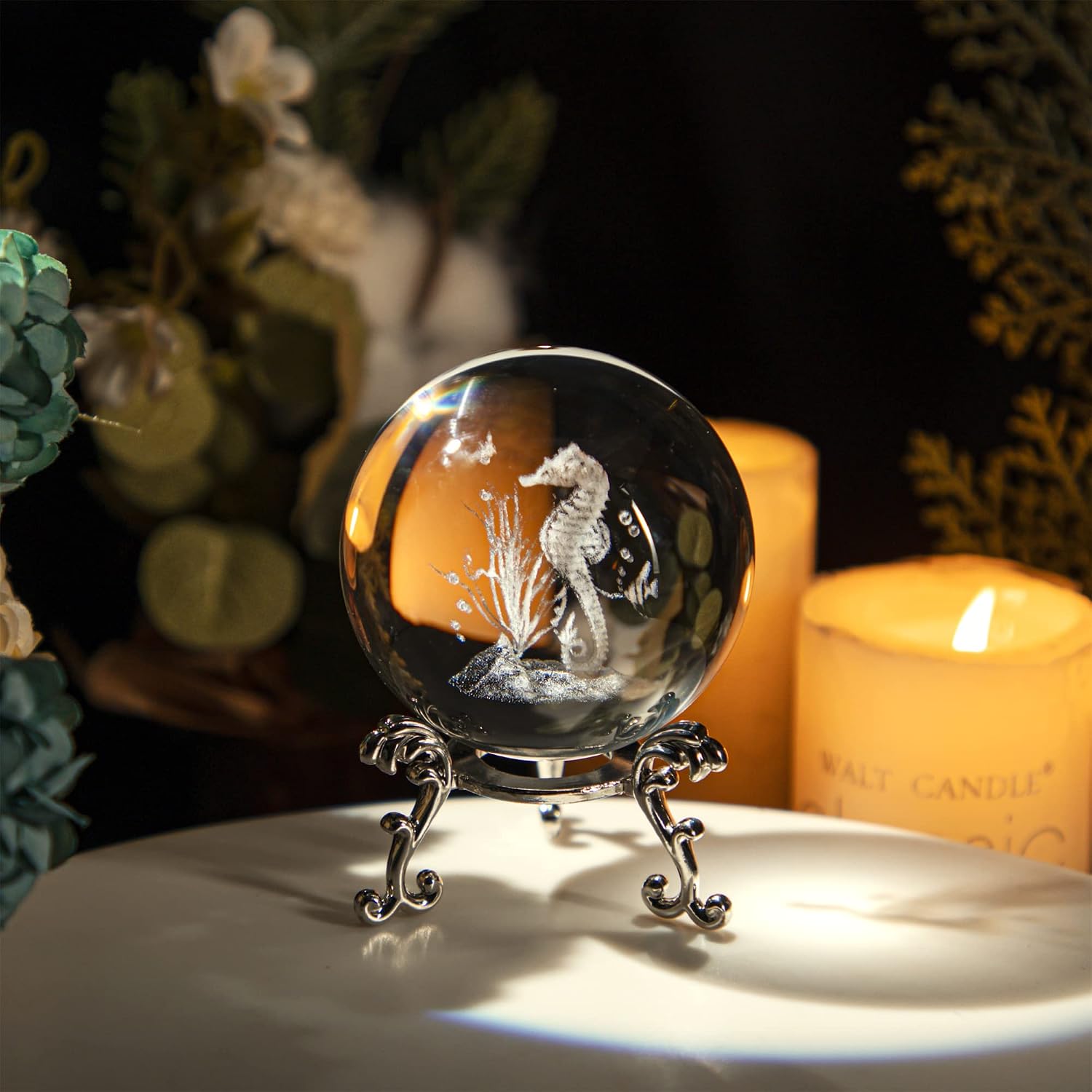 Thumbnail 3 de 60mm 3D Seahorse Crystal Ball Figurine with Stand – glass laser-engraved paperweight ornament