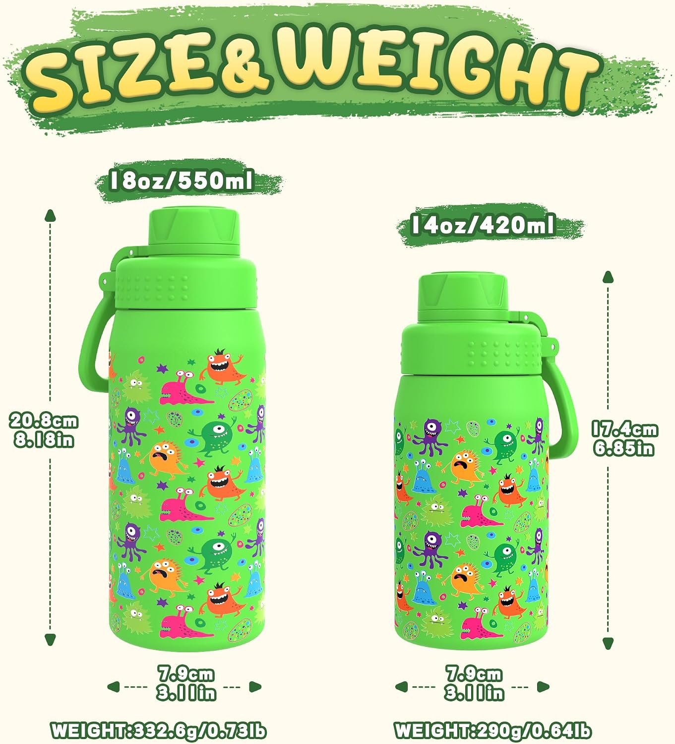 Detalle de GOPPUS 420ml Kids Insulated Water Bottle with Screw Lid (No Straw) – Green Monster