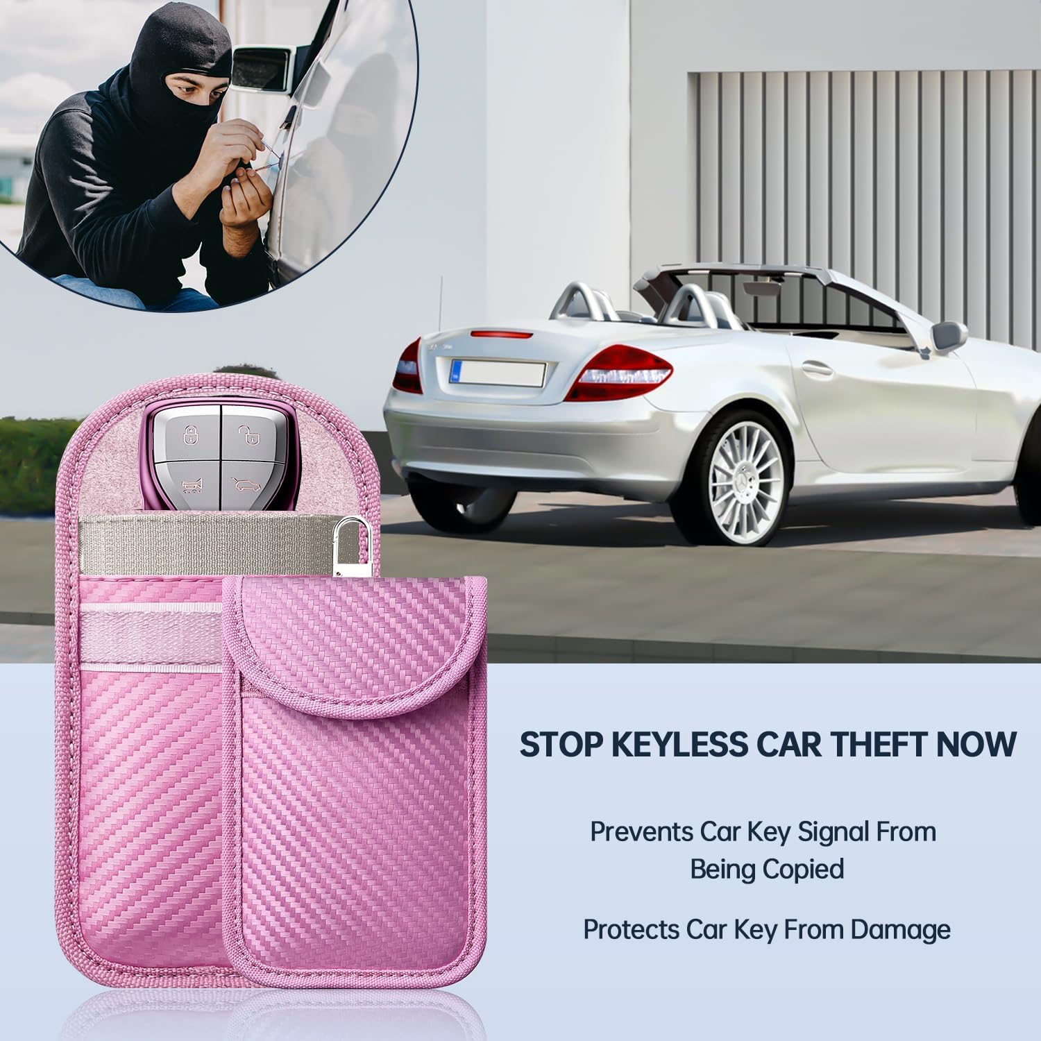 Thumbnail 3 de caslord Faraday Pouch for Car Keys, Pack of 2 (Deep Pink) with 4 Key Rings
