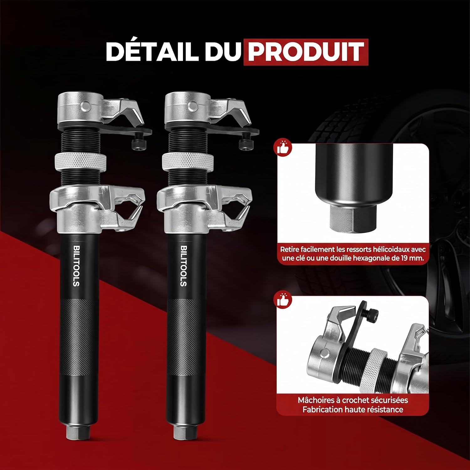 Detalle de BILITOOLS Lot de 2 Compresseurs de Ressort Amortisseur Professionnel pour Macpherson – Outil Auto Robuste Charge 1200kg