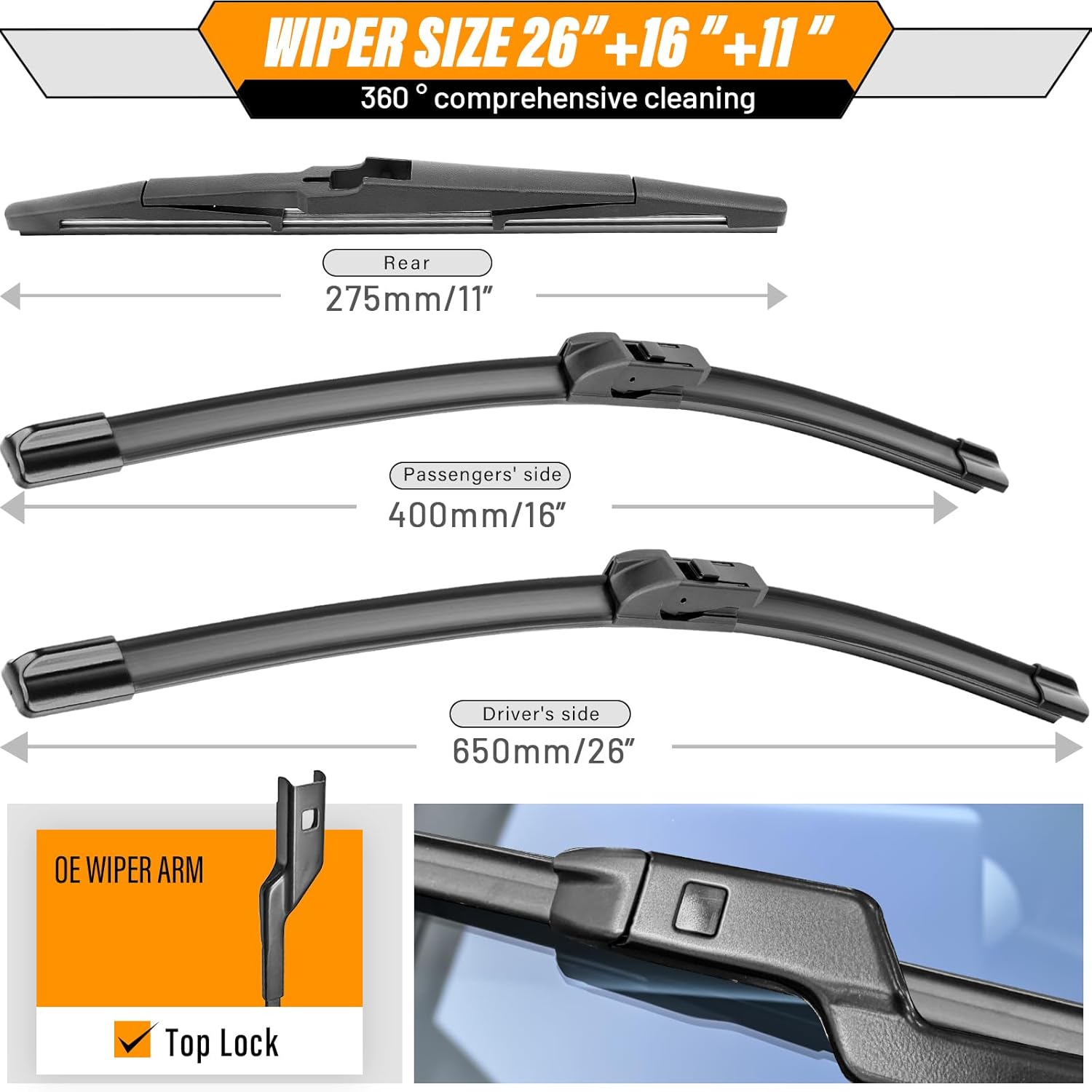 Detalle de AUTOBOO 26"+16" Windshield Wipers with 11" Rear Blade for Chevy Trax (2024-2025) – Pack of 3