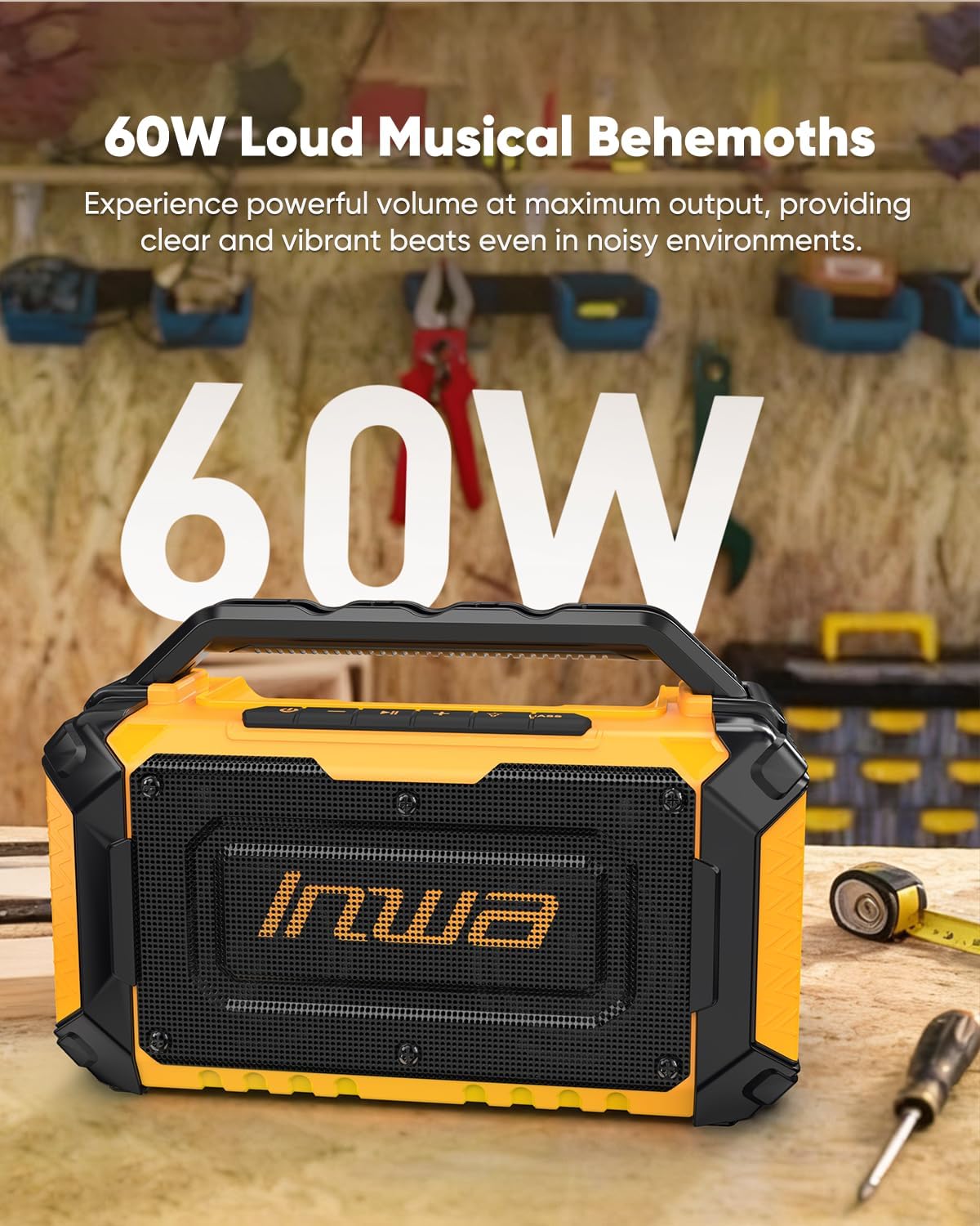 Detalle de Inwa Jobsite Bluetooth Speaker with 60W Power, RGB Lights, and Multi-Battery Compatibility