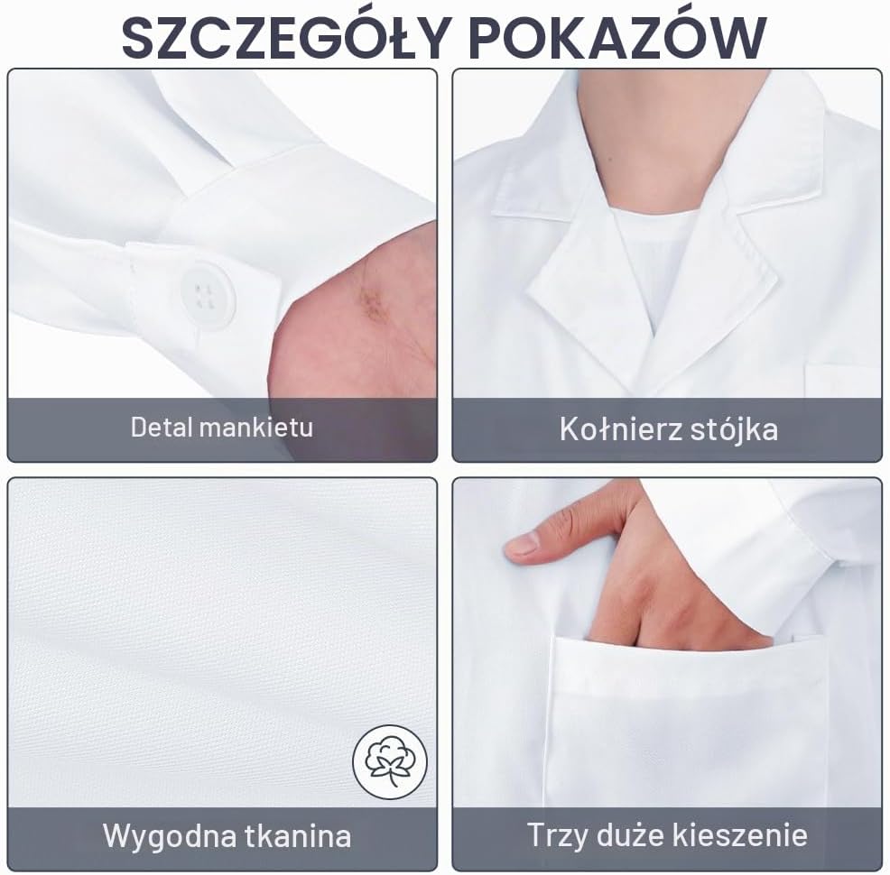 Detalle 1 de AUYAO – biały uniseksowy fartuch laboratoryjny z mieszanki bawełny i poliestru