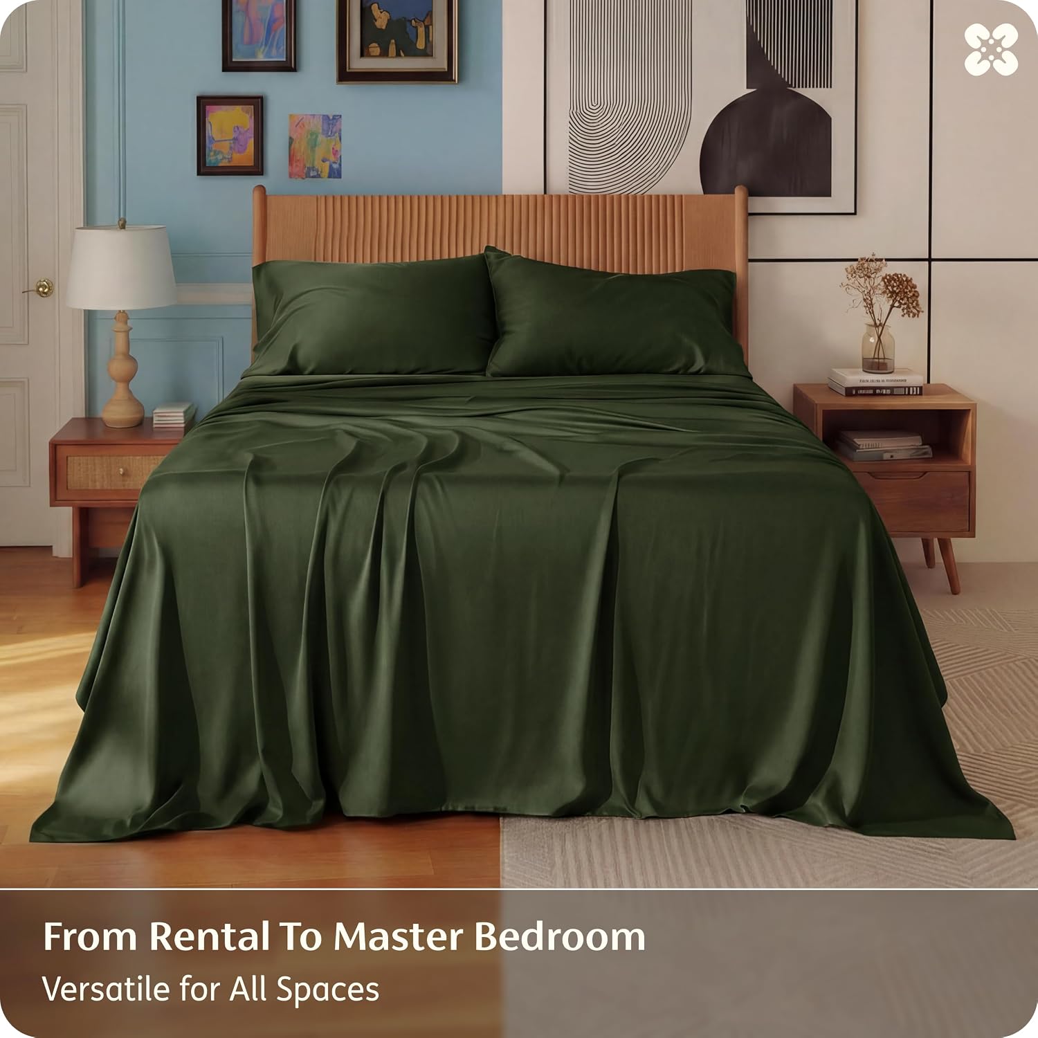 Detalle 2 de Bedsure King Bamboo Rayon Sheet Set, 4-Piece, Olive Green, 16-Inch Pocket