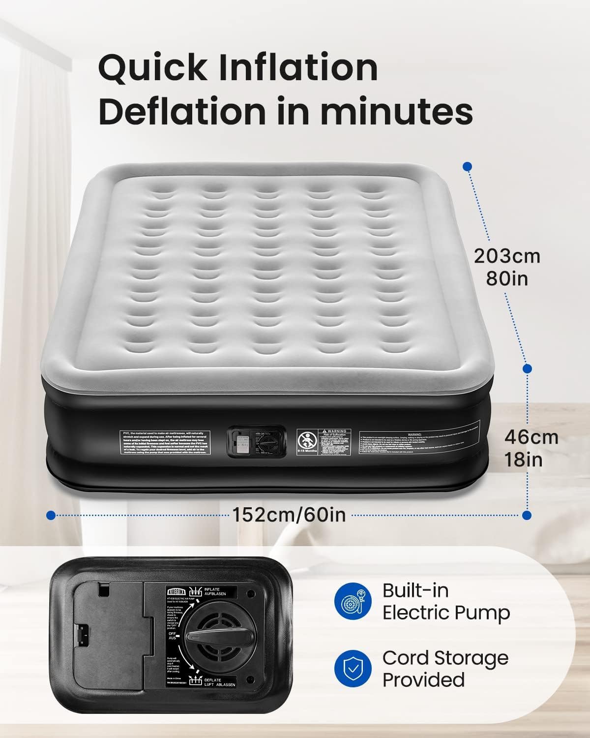 Detalle de Airefina AF-A08 Queen Air Mattress, 18-inch Raised with Built-In Pump