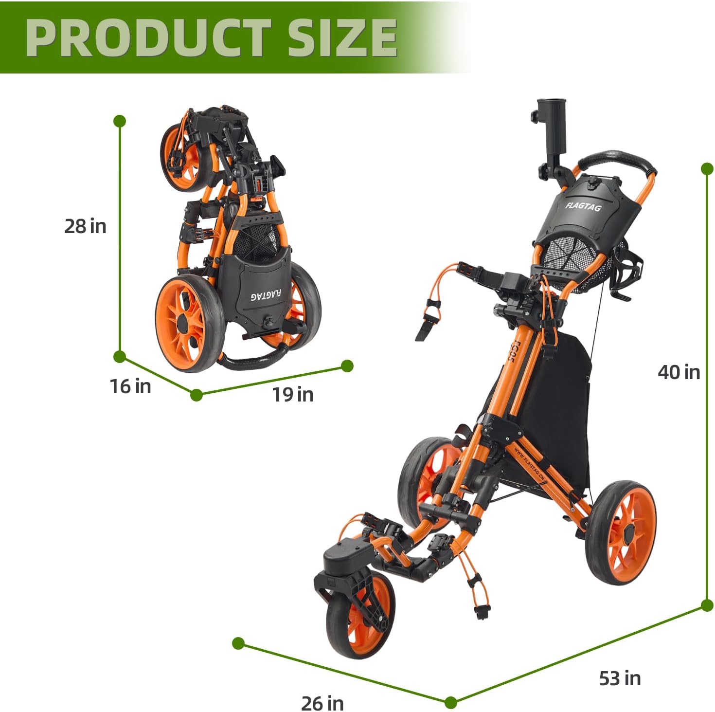 Detalle 2 de FLAGTAG 3-Wheel Golf Push Cart with 360° Swivel Front Wheel, Foldable Design & Foot Brake
