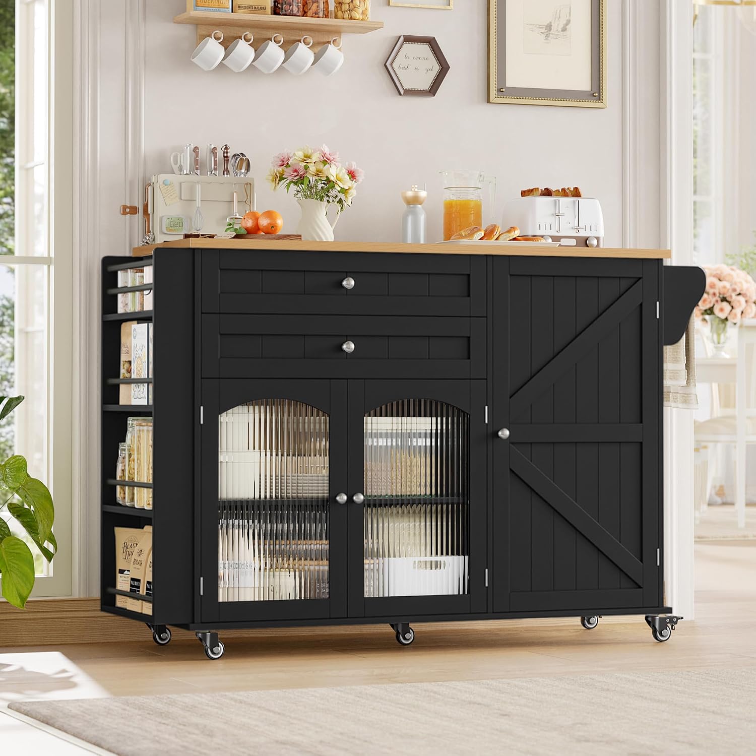 Detalle de FirFurd M218 Kitchen Island with Folding Worktop, Wheels, 2 Drawers and 3 Doors