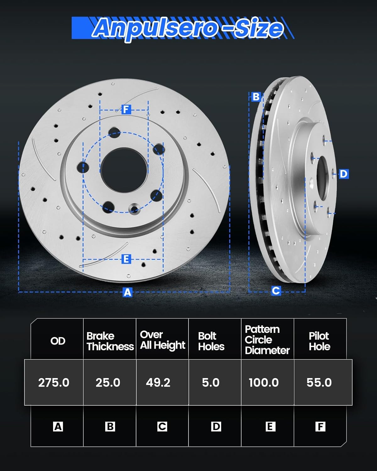 Thumbnail 3 de Anpulsero Front Brake Kit for 03-08 Toyota Corolla/Matrices and Pontiac Vibe — 275mm Drilled & Slotted Rotors with Ceramic Pads