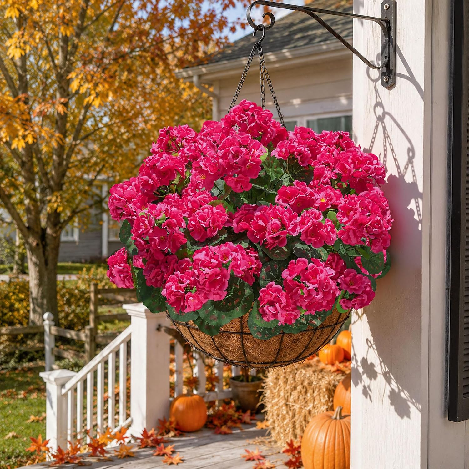 Detalle de HyeFlora Artificial Geranium Fake Flowers for Outdoors Decoration (6 Bundles) — UV Resistant Silk, Hot Pink