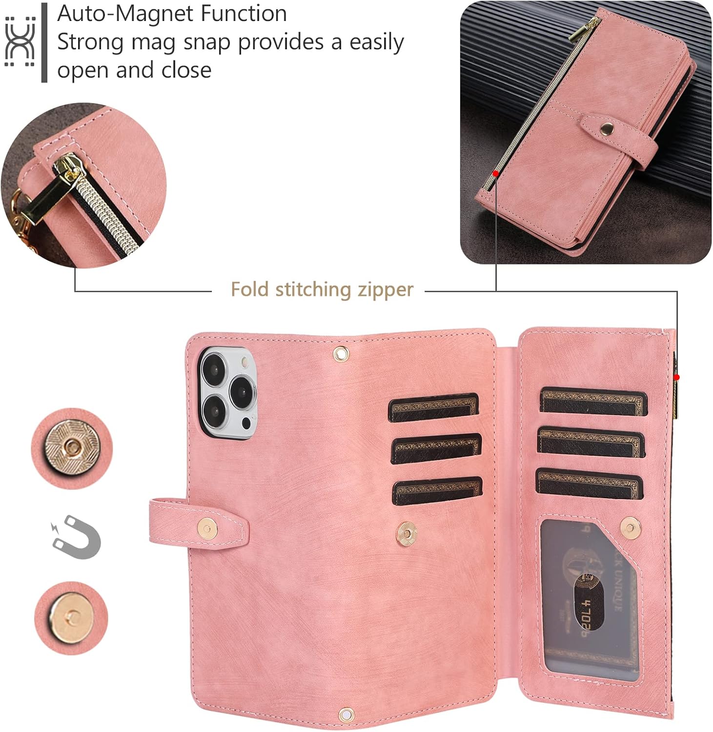 Thumbnail 6 de UEEBAI Hülle für iPhone 15 Pro 6,1 Zoll – Retro Leder Wallet Case mit 9 Kartenfächern, Umhängegurt, Handschlaufe, Standfunktion und Reißverschluss, Magnetverschluss, Rosa
