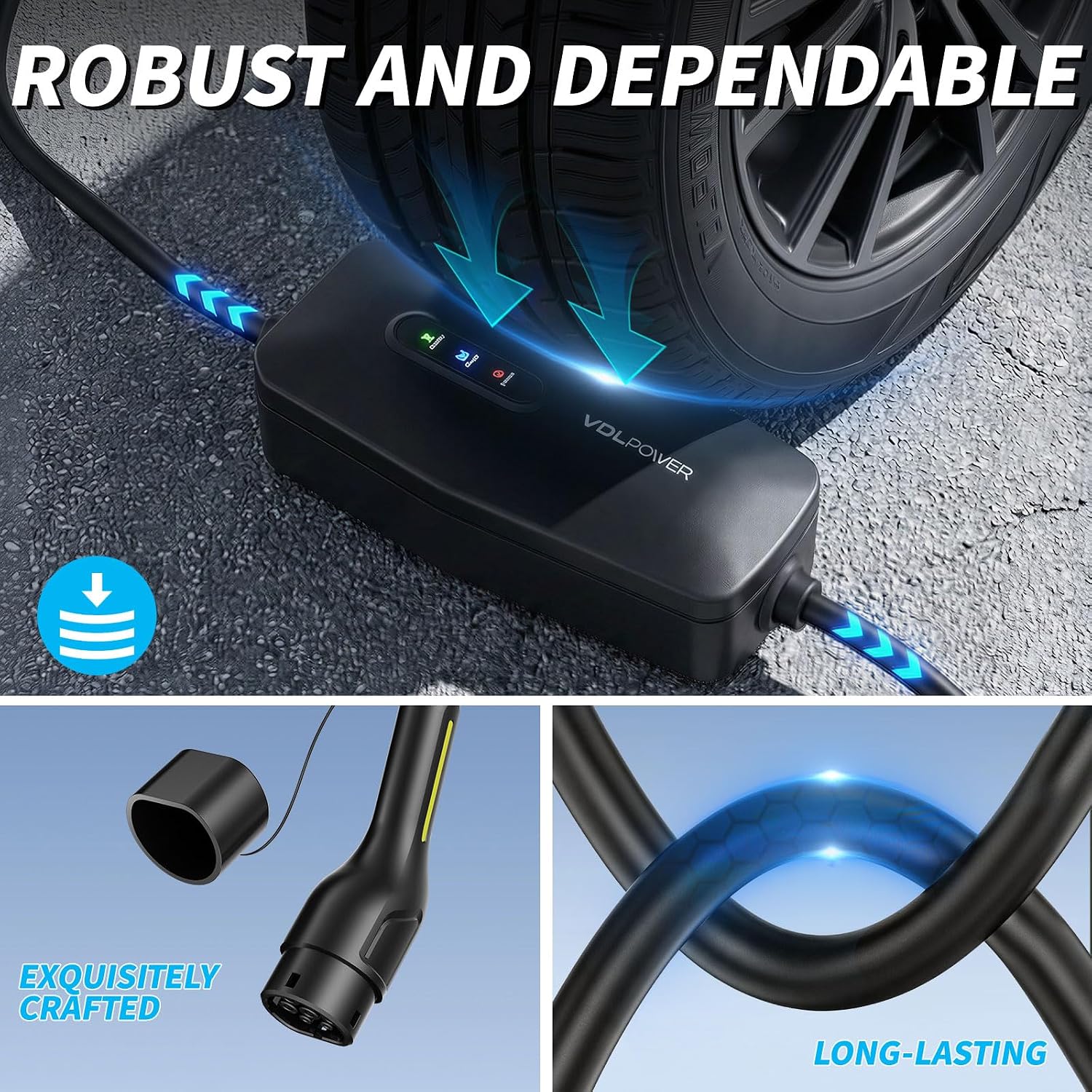Detalle de VDLPOWERVP EV Charger 3kW Type 2 to 3 Pin Plug — 8m Portable EV Charger for UK