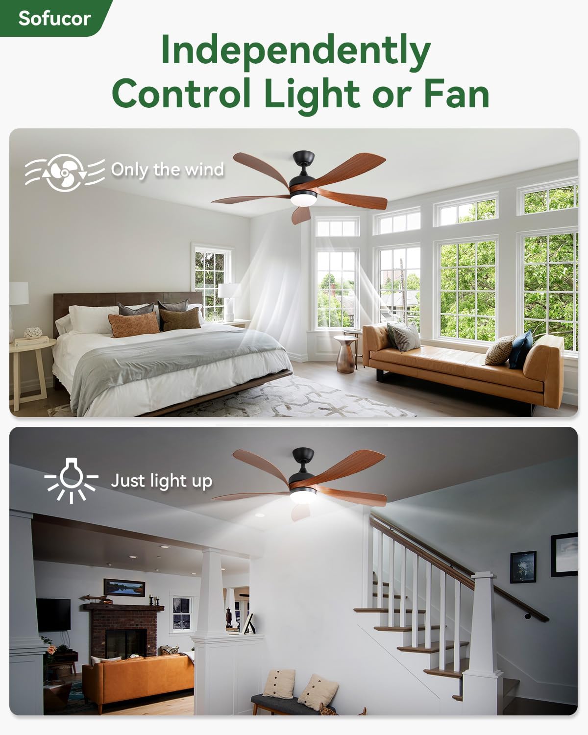 Detalle 2 de Sofucor 52" Smart Ceiling Fan with Lights and Remote — Alexa/Google Compatible, 6-Speed DC Motor, Indoor/Outdoor