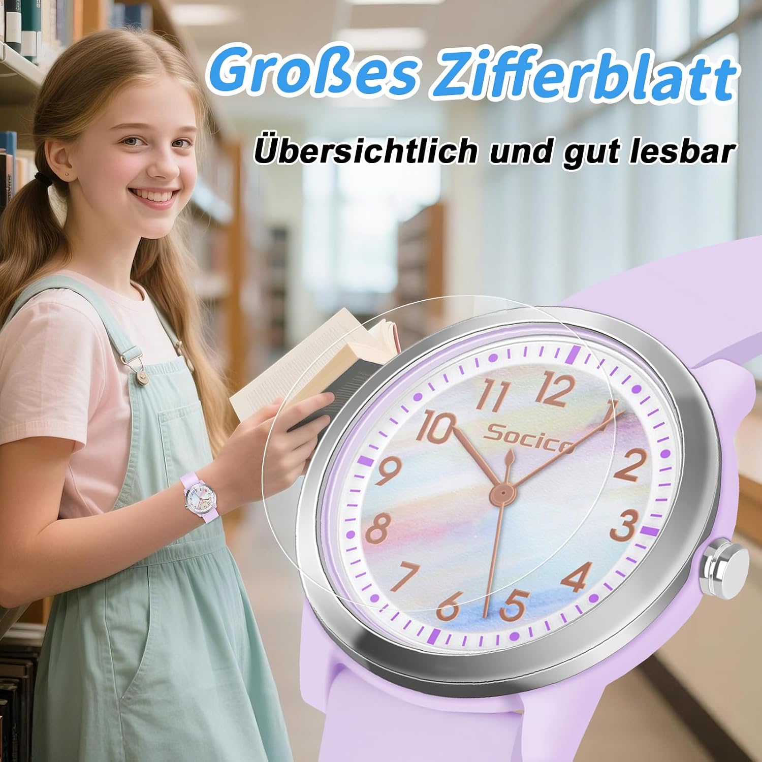 Detalle de SOCICO Kinderuhr Analog Rainbow Lila – Wasserdicht bis 50 m, Japanisches Quarzwerk, leicht lesbares Zifferblatt (9–18 Jahre)