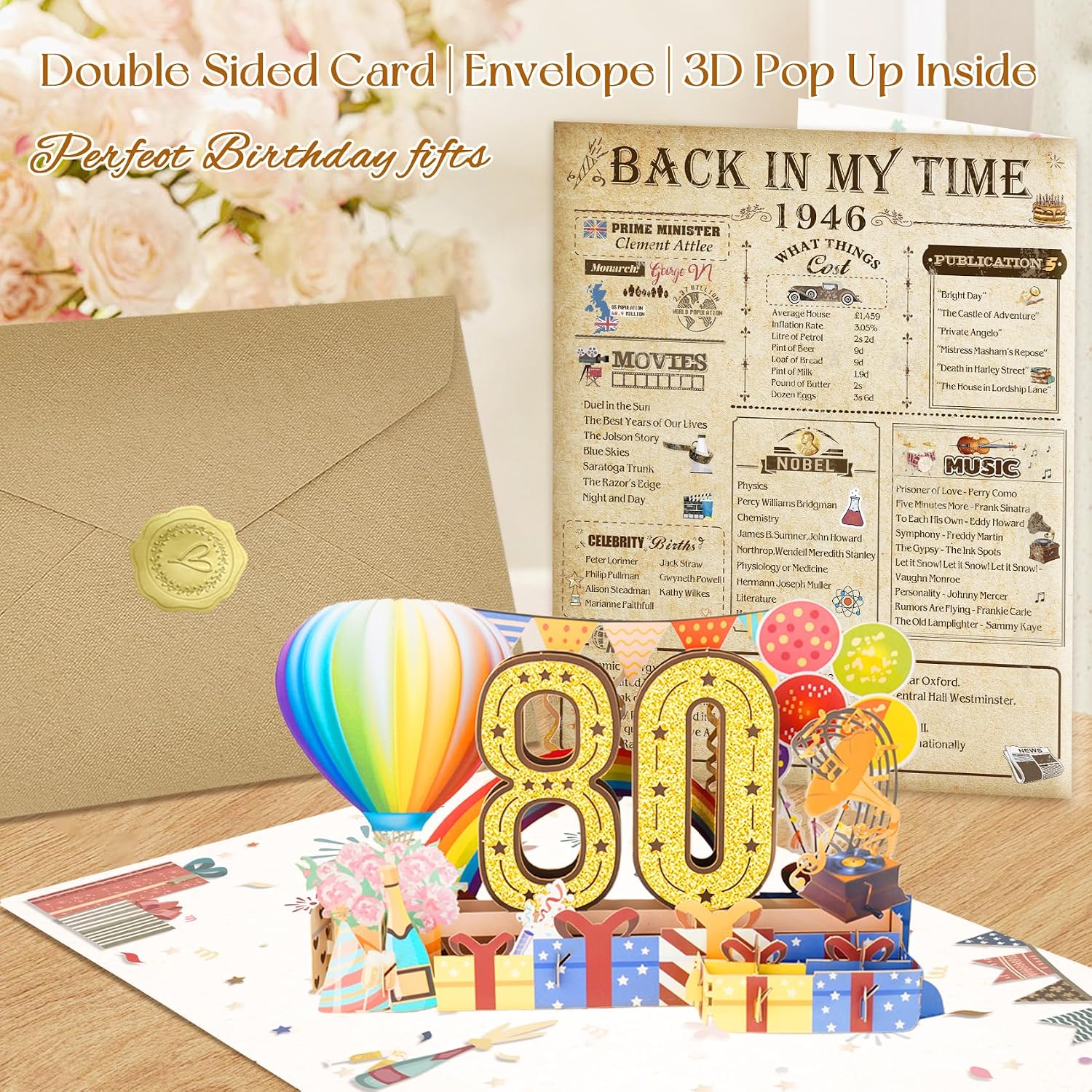 Detalle 2 de 80th Birthday 3D Pop Up Greeting Card (Born in 1946) with Envelope