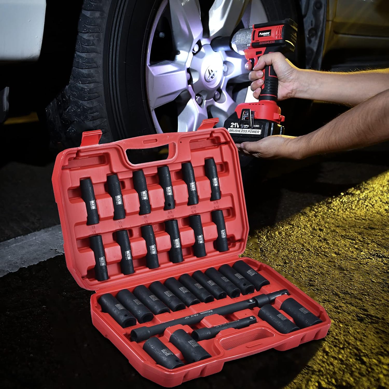 Detalle 2 de AOBEN 29-Piece 1/2-Inch Impact Socket Set (SAE & Metric) with 3"/5"/10" Extensions