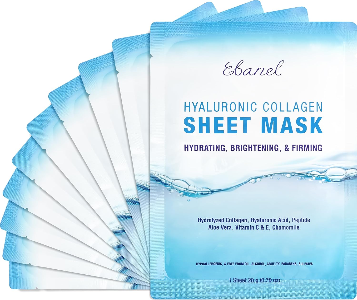 Detalle de Ebanel 10-Pack Collagen Facial Masks with Hyaluronic Acid, Vitamin C & Peptide