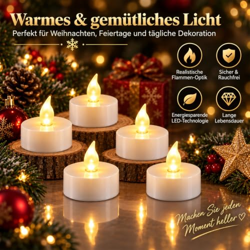 Detalle de CNMTCCO 24 Stück LED-Teelichter, flammenlos, mit CR2032 Batterie, 200+ Stunden Laufzeit – sicher für Weihnachten, Hochzeit & Party