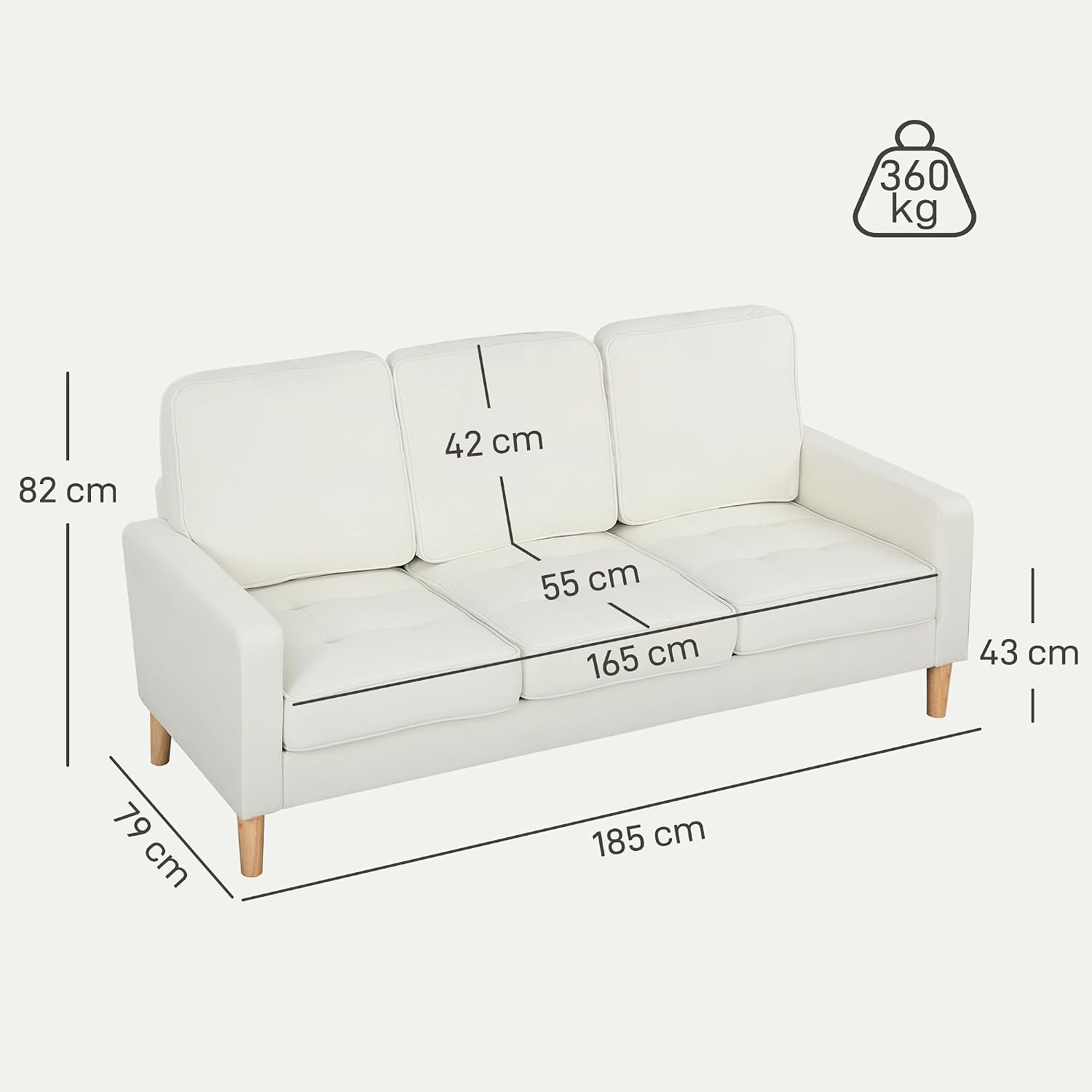 Detalle de HOMCOM Canapé 3 places en velours crème avec coussins épais et assise capitonnée