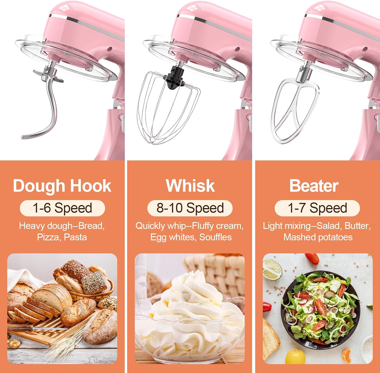 Detalle de CEBORY 3-in-1 Electric Stand Mixer: 6.5QT, 660W, 10-Speed with Dough Hook, Beater & Whisk (Pink)
