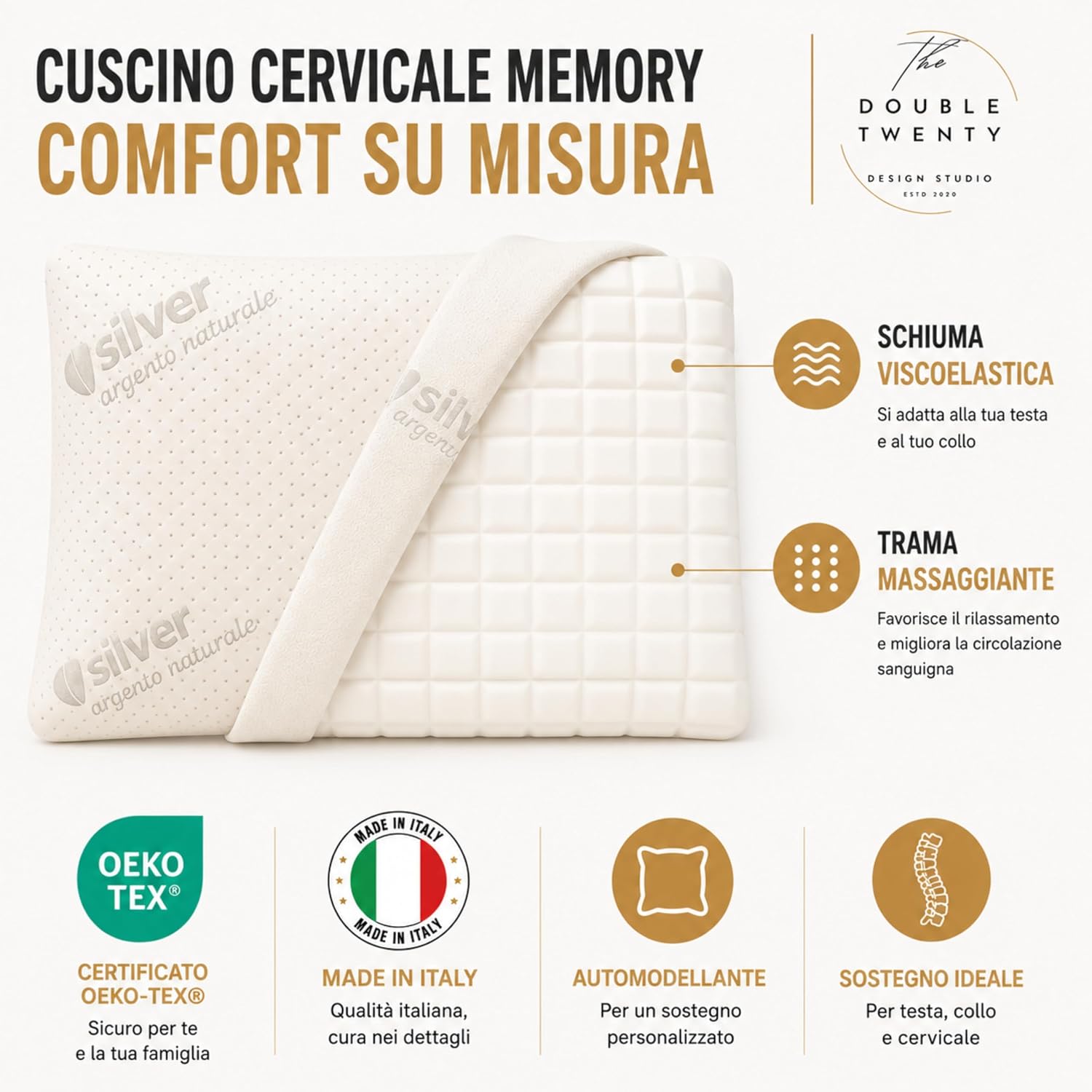 Detalle de The Double Twenty Cuscino Antirussamento in Memory Foam – Sostegno Ergonomico alto 18 cm con fodera in argento naturale