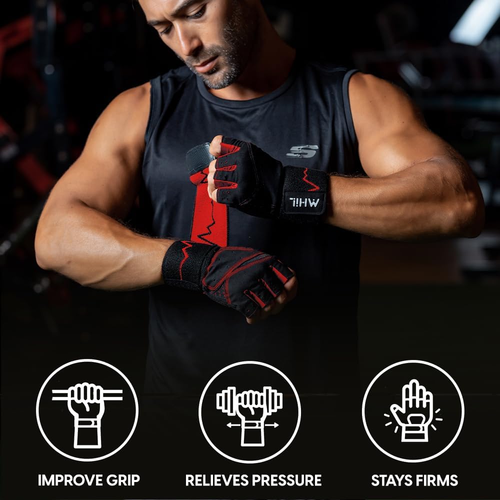 Detalle 2 de MhIL Workout Gloves, Medium Red, Silicone Grip and Wrist Wrap Support