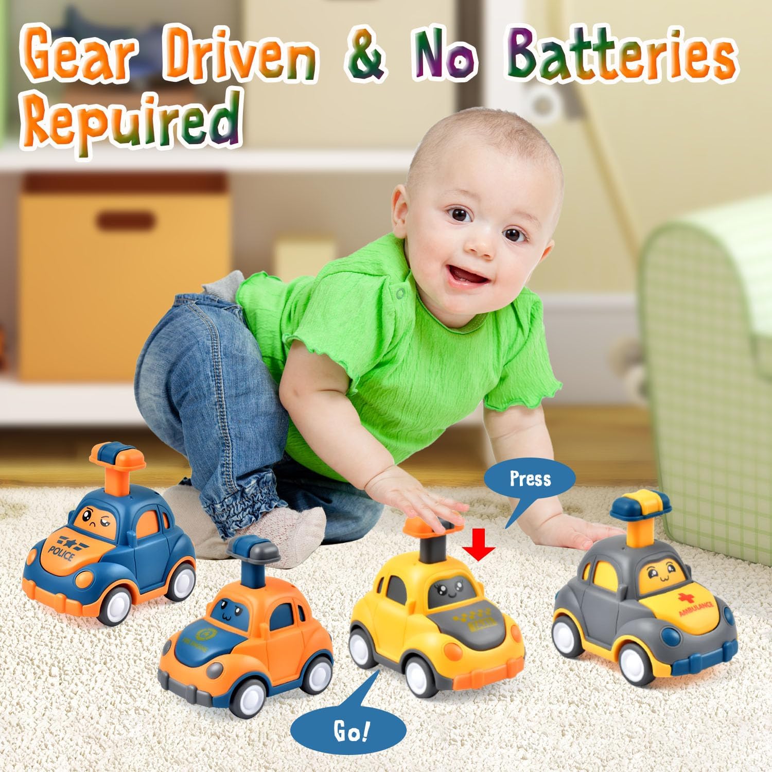 Detalle de Tuko Cartoon Car Toys 4-Pack for 3+ Years – Durable Play Vehicles Set