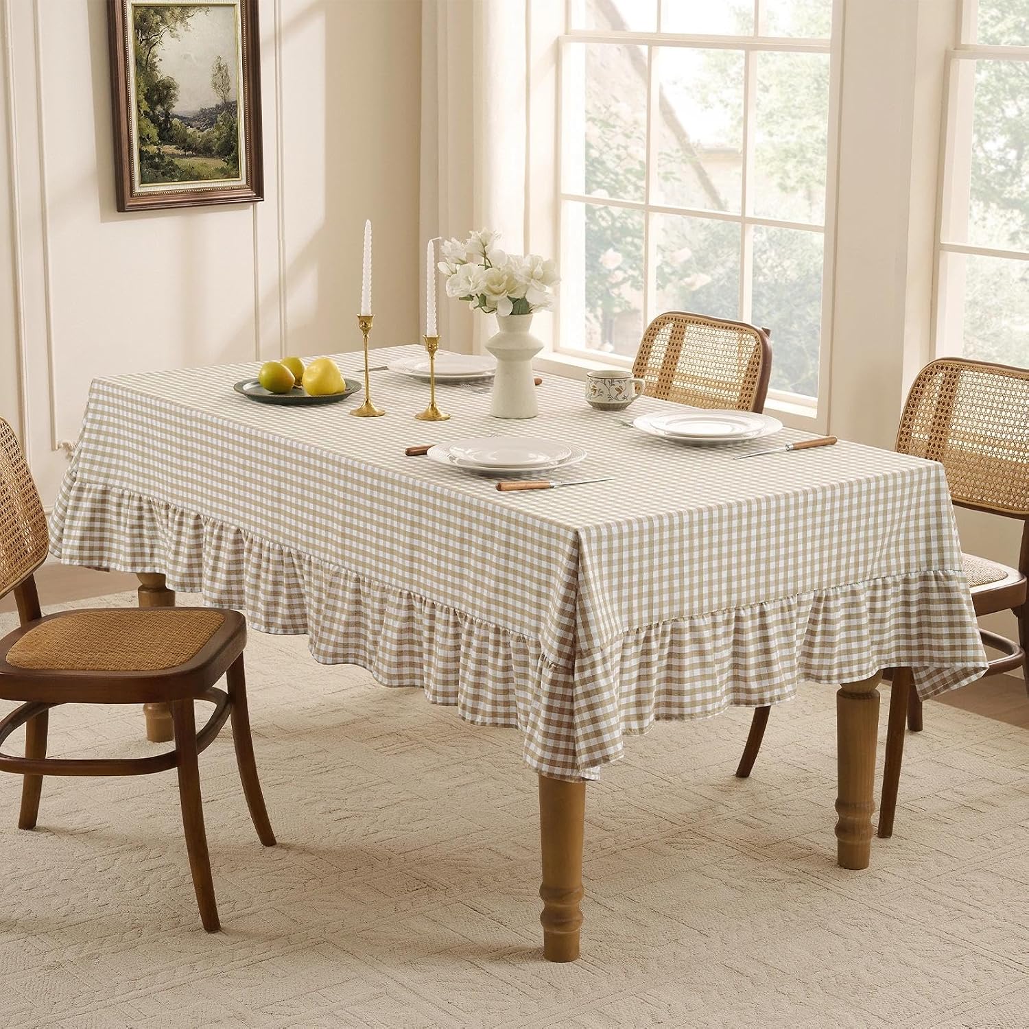 Detalle de Romanstile Gingham Ruffled Tablecloth Rectangle - Waterproof Linen Cotton Checkered Outdoor Table Cover (60 x 120 inches, Taupe)