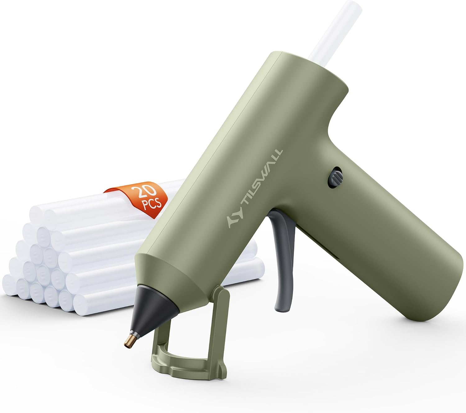 Detalle de Tilswall Kabellose Akku-Heißklebepistole (2000mAh) – 20 Premium-Klebestifte, Olivgrün