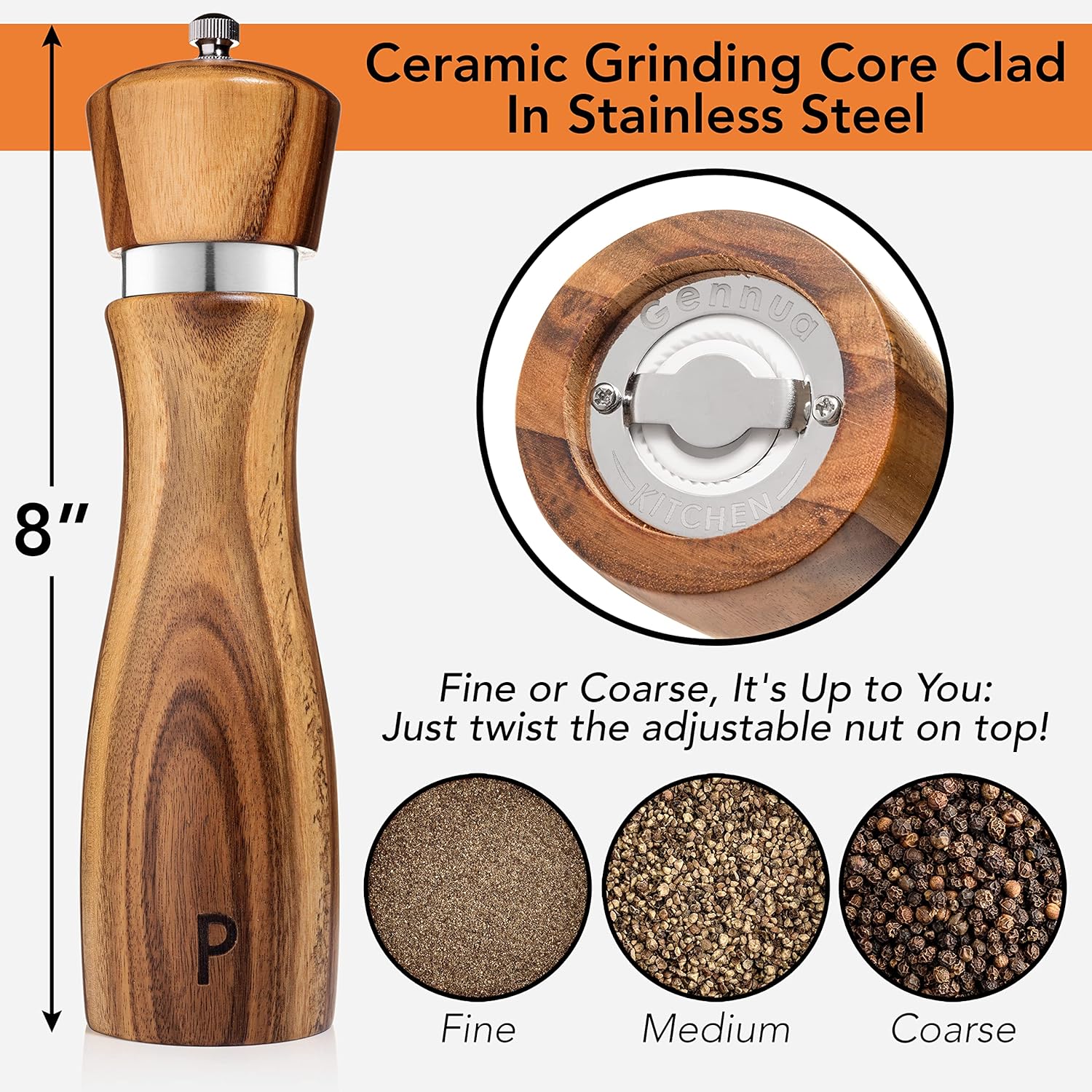 Detalle de Gennua Kitchen Wooden Salt and Pepper Grinder Set: Refiller, Adjustable Coarseness, 8-Inch Acacia Wood Mills