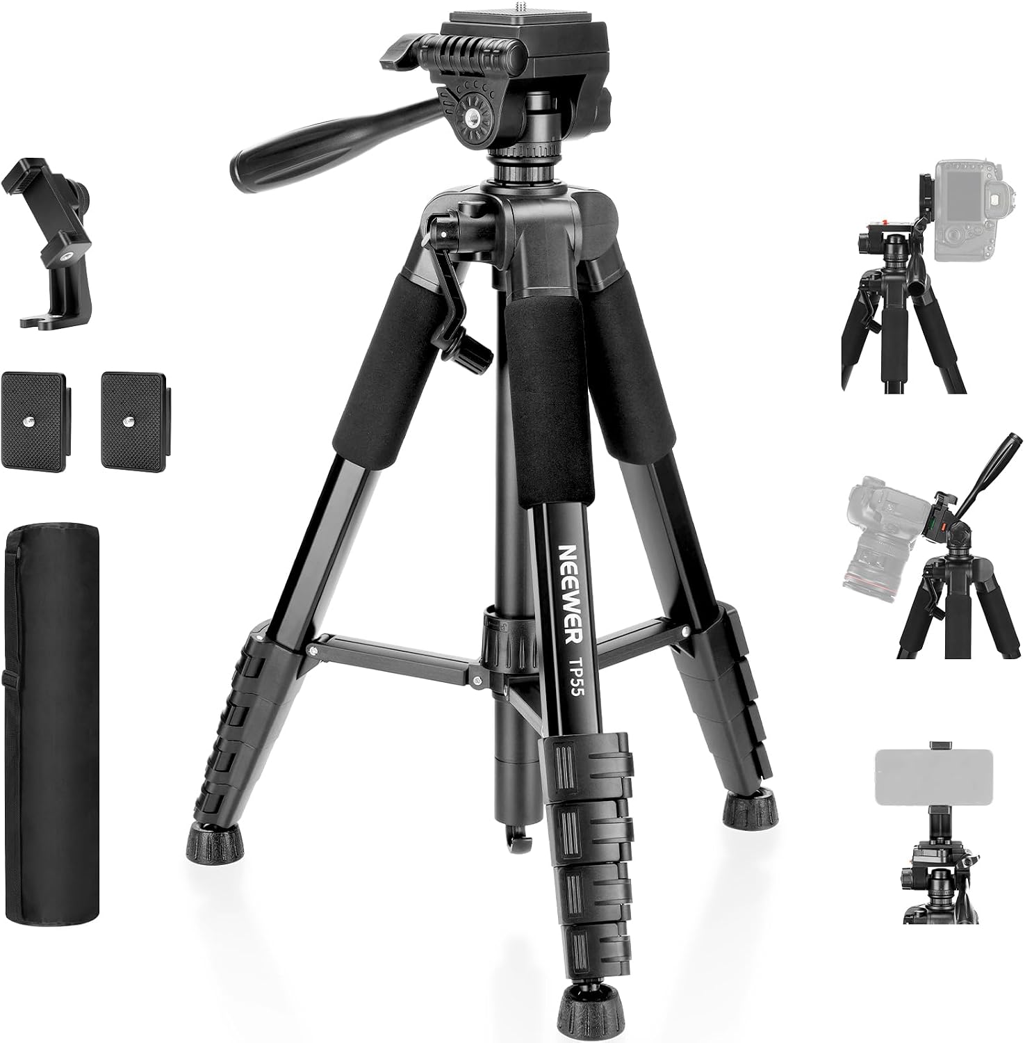 Detalle de NEEWER Basics Kamerastativ TP55 (71 Zoll) mit Handyhalterung – leichtes Aluminium-Reisestativ