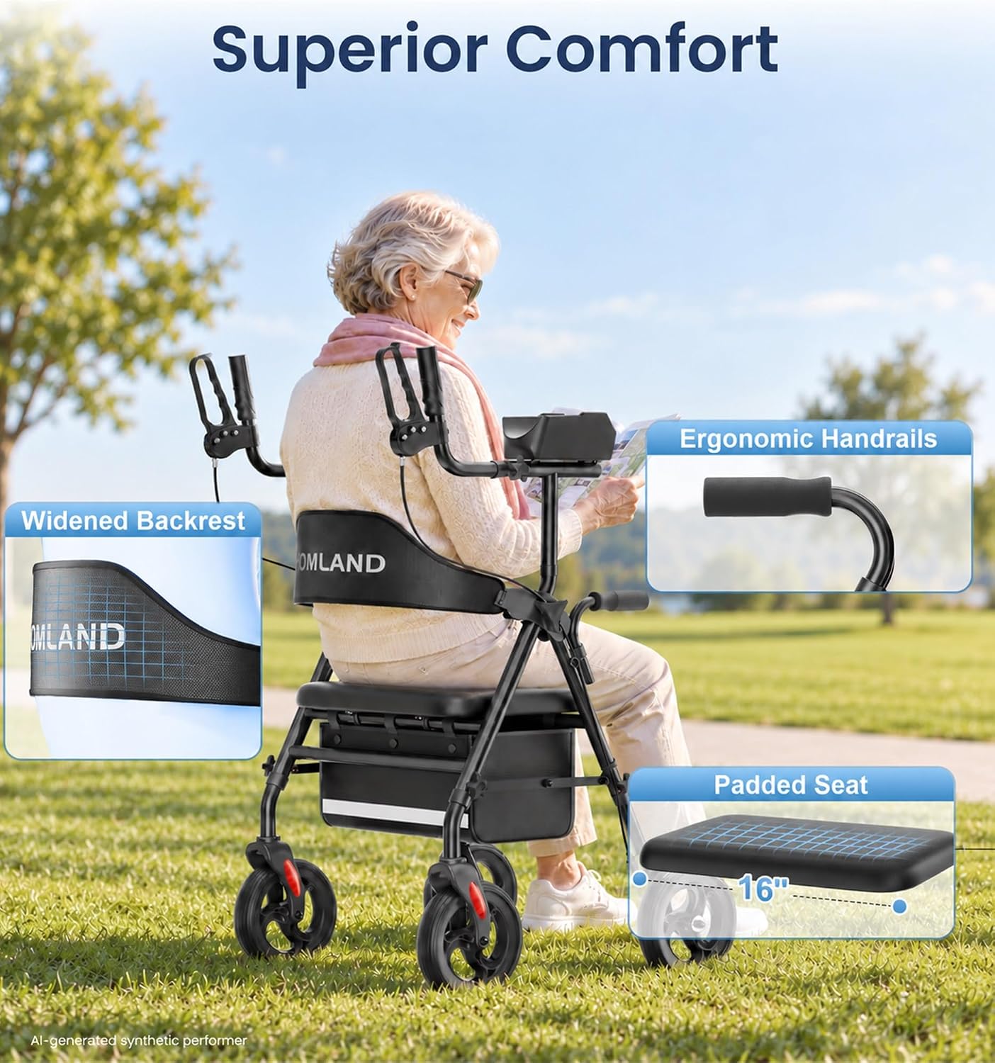 Detalle de HOMLAND Upright Walker with Seat, 8-Inch Wheels, 16-Inch Padded Seat, 300 lb Capacity