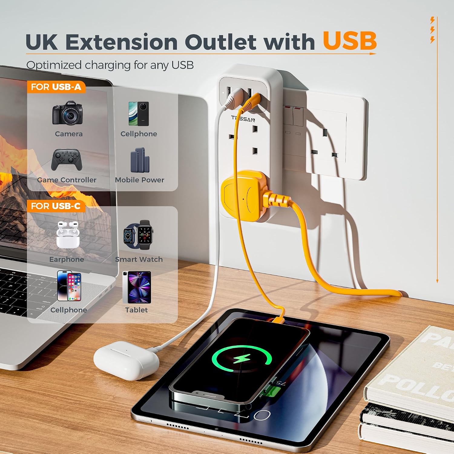 Detalle 2 de TESSAN Plug Adapter 13A with 3 USB-A & 1 USB-C đ