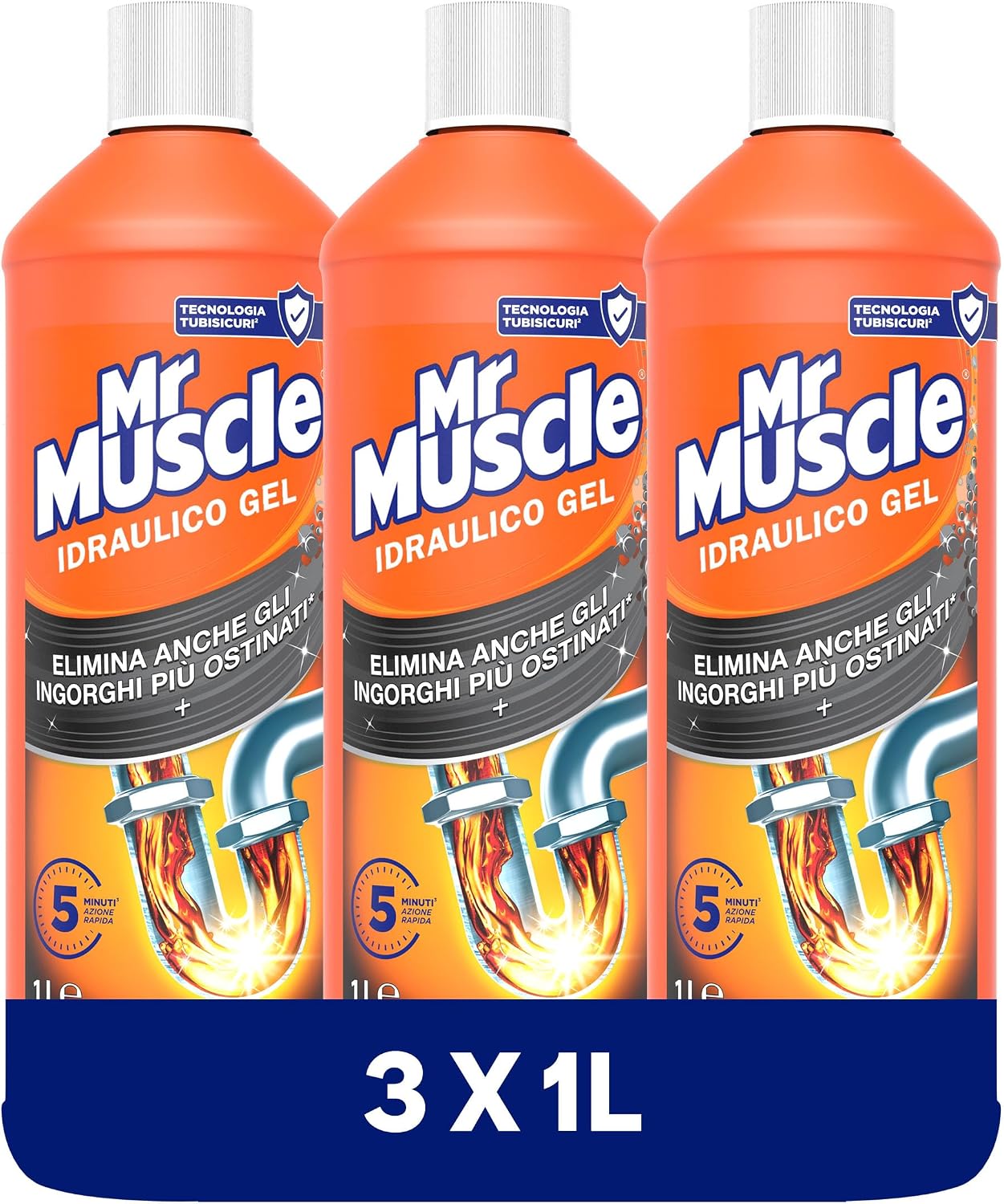 Detalle de Mr Muscle Idraulico Gel, Disgorgante Professionale Forte 3 Pezzi x 1000 ml