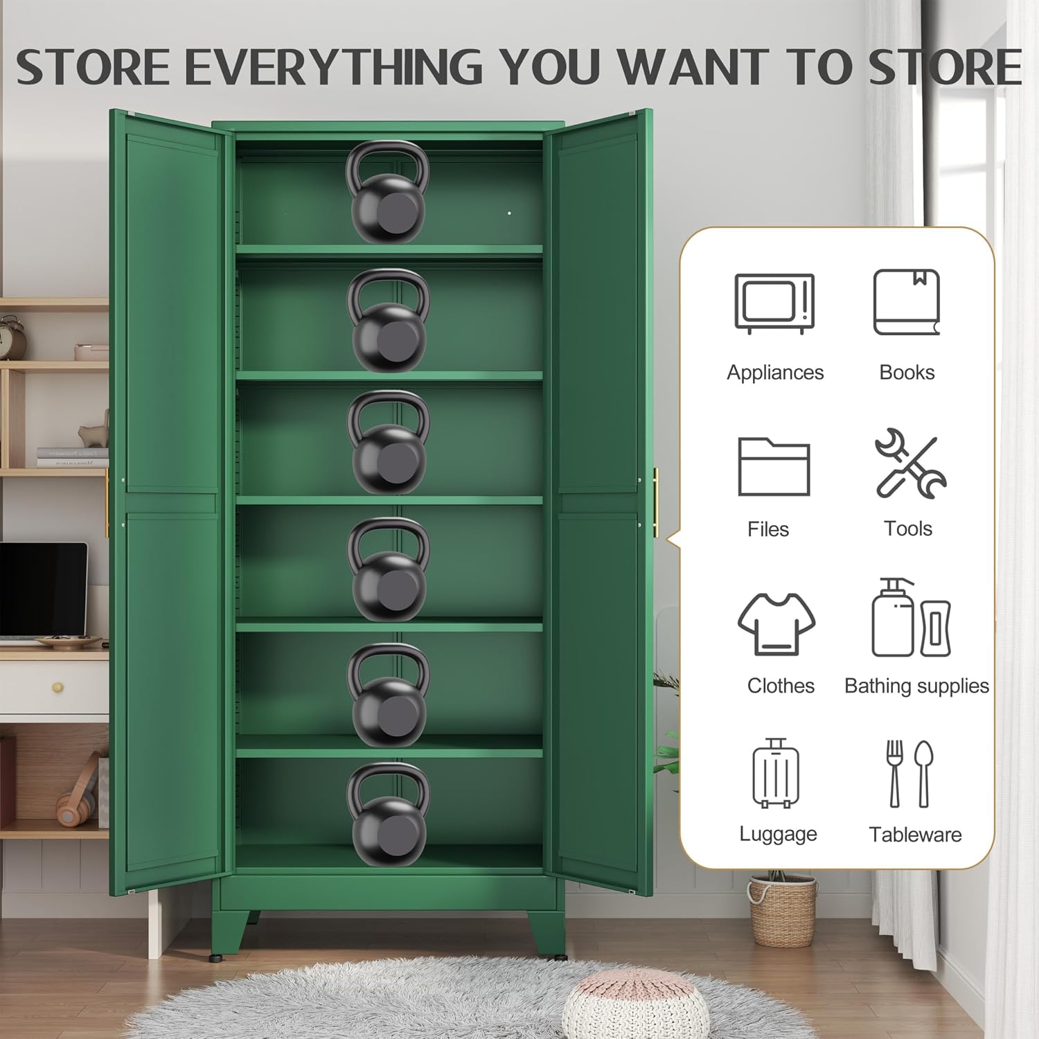 Thumbnail 2 de GAIOUS 75.2" Metal Pantry Cabinet, Green, 5 Adjustable Shelves, 2 Doors