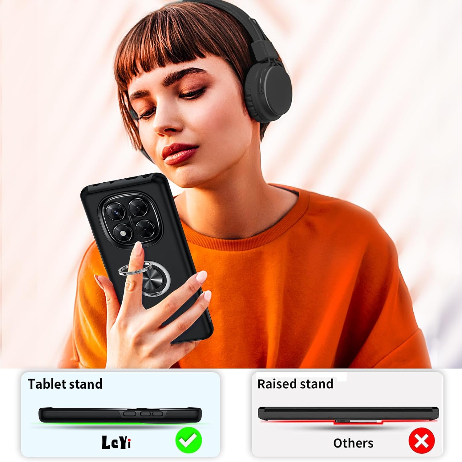 Detalle 2 de LeYi Coque pour Xiaomi Redmi Note 14 Pro 5G / 4G + Note 14 Pro Plus 5G – Étui TPU avec Anneau Invisible, Protection Antichoc et Finition Noire