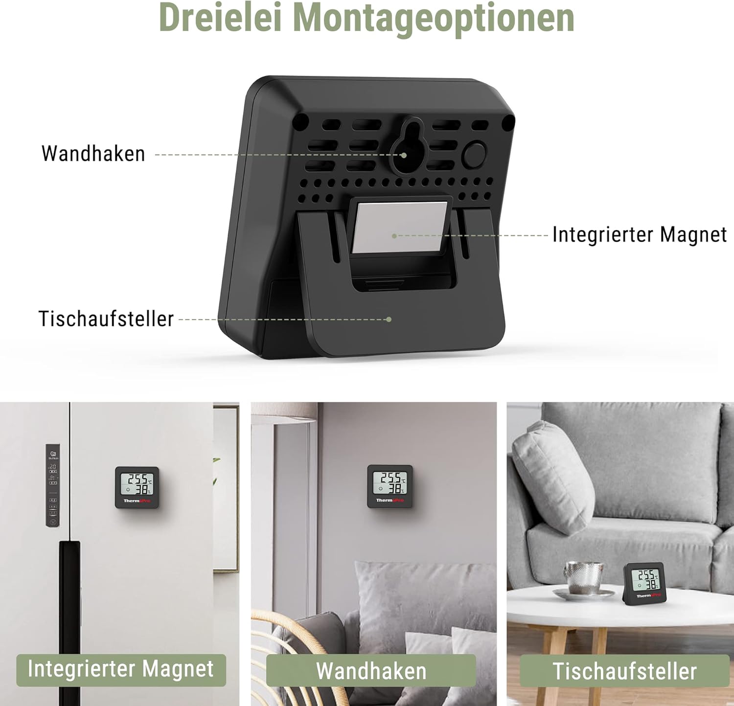Detalle de ThermoPro Mini Hygrometer & Thermometer Innen 3er-Set (schwarz) – Temperatur- und Luftfeuchte-Messer mit Smiley-Indikator