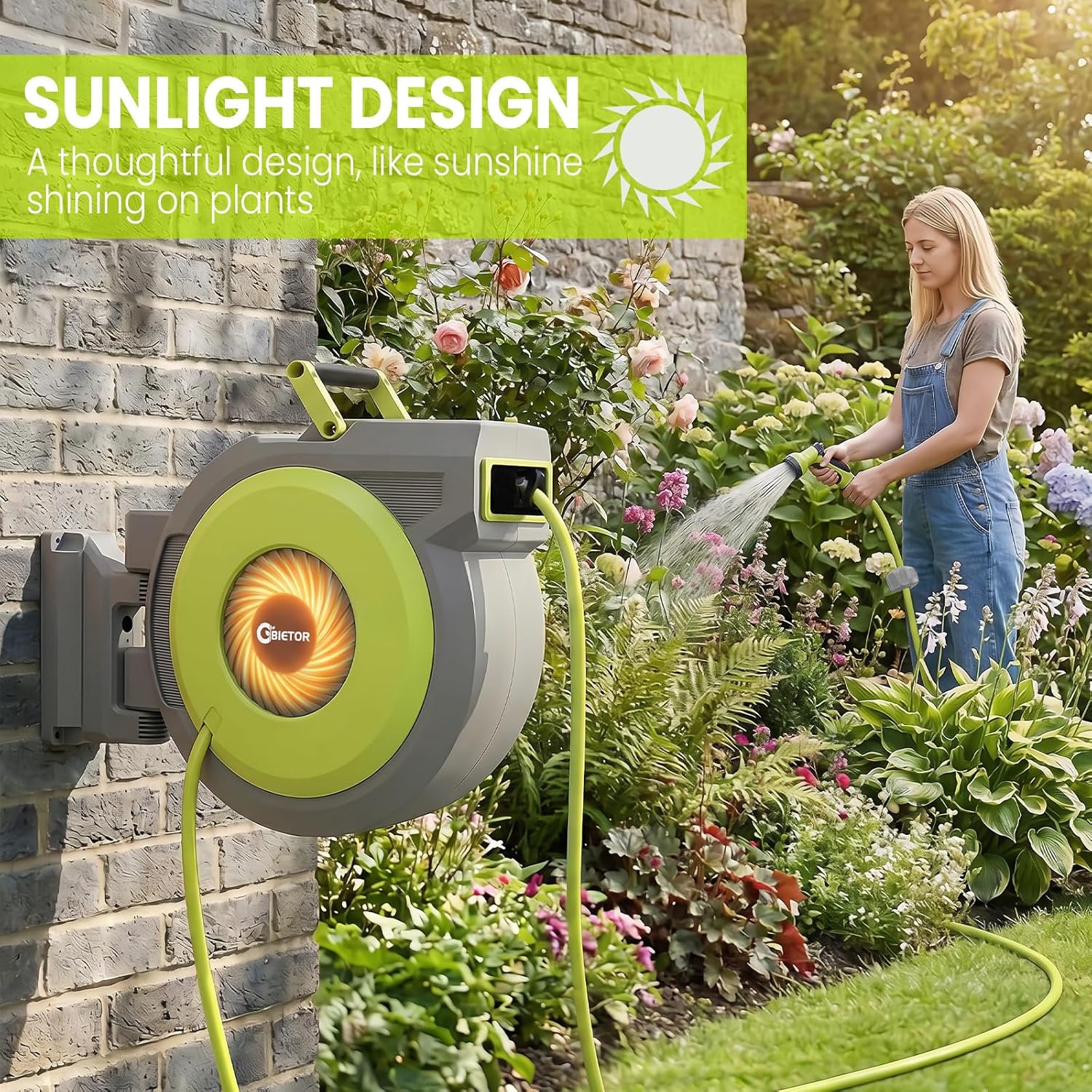 Detalle de Bietor Retractable Garden Hose Reel 1/2” x 40m+2m – UV-Resistant, Wall-Mount, 9-Pattern Nozzle