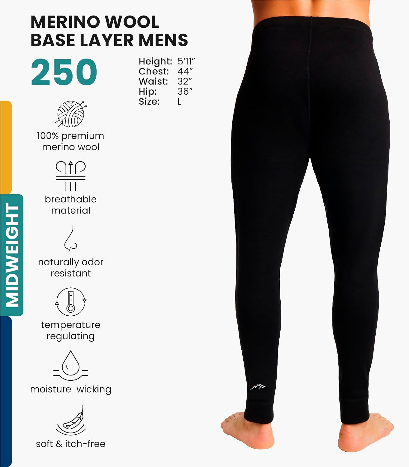 Detalle de Merino.tech 165 Men's Merino Wool Base Layer Pants, Midweight 250 g/m²