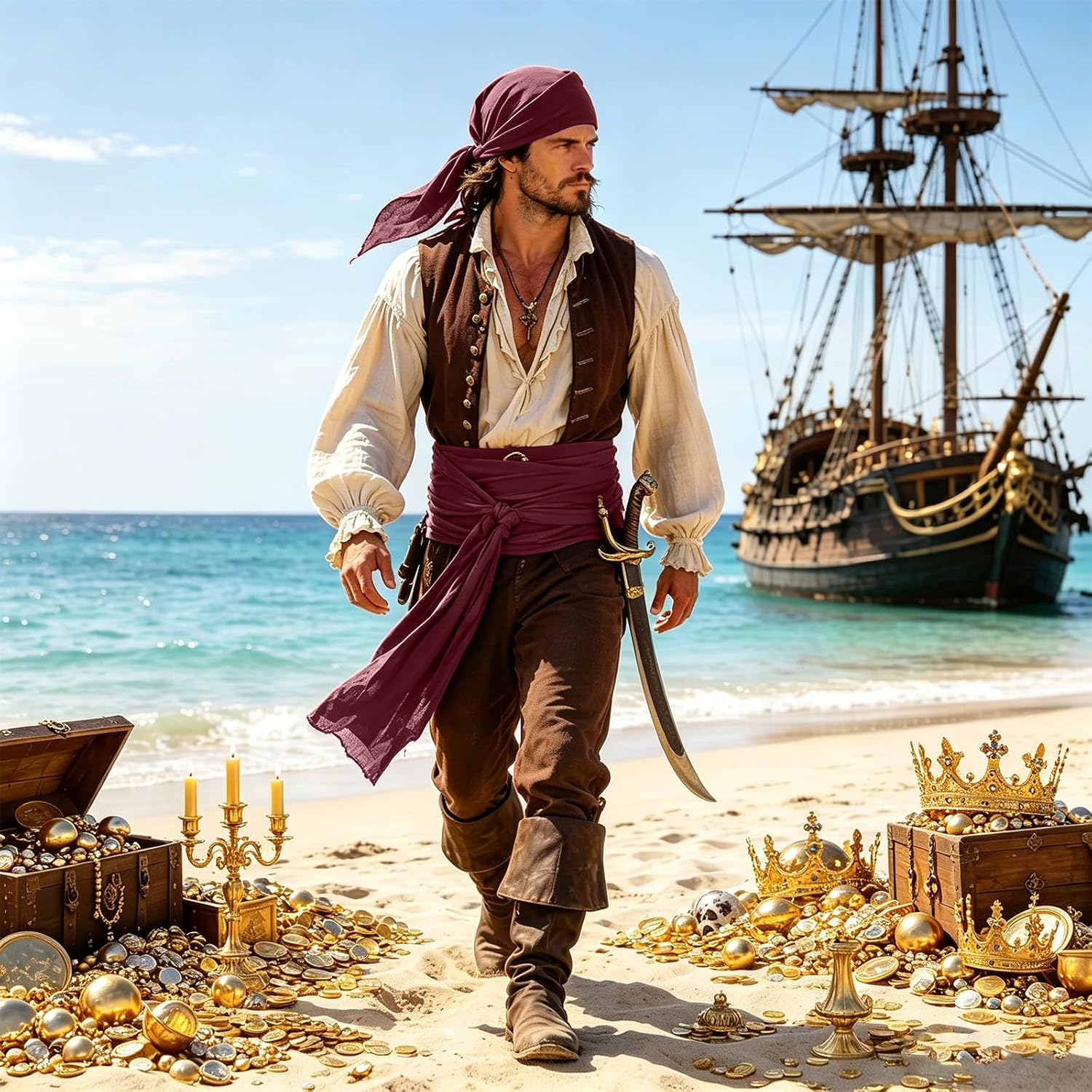 Thumbnail 2 de Two-Piece Satin Pirate Costume Accessories: Bandana and Sash