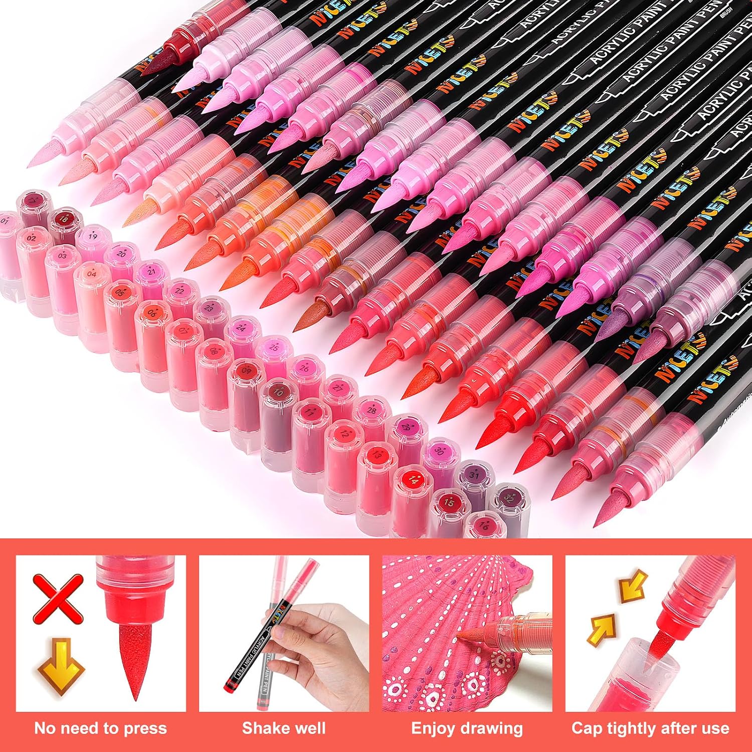 Detalle de NICETY 32-Colour Acrylic Paint Pens with 1–5mm Brush Tips (Red)