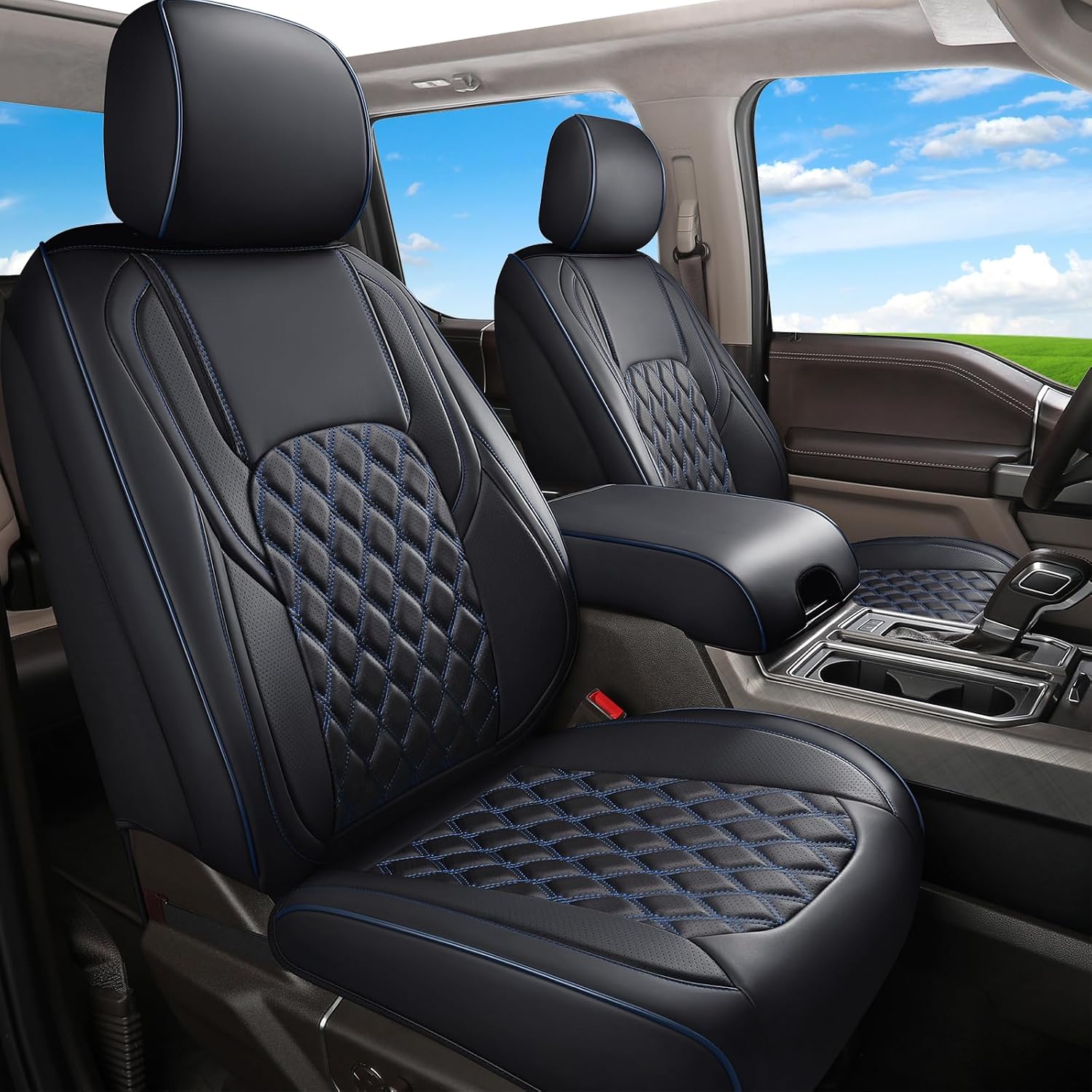 Detalle de Huidasource Faux Leather Front & Rear Truck Seat Covers for 2015-2025 Ford F-150 SuperCrew and 2017-2025 F-250/F-450 Super Duty Crew Cab (Black & Blue, Full Set)