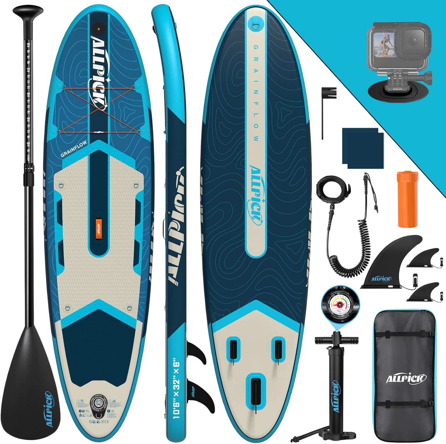 ALLPICK Premium SUP-Board Set (aufblasbar) inkl. Zubehör, Kamerahalterung und verstellbarem Paddel