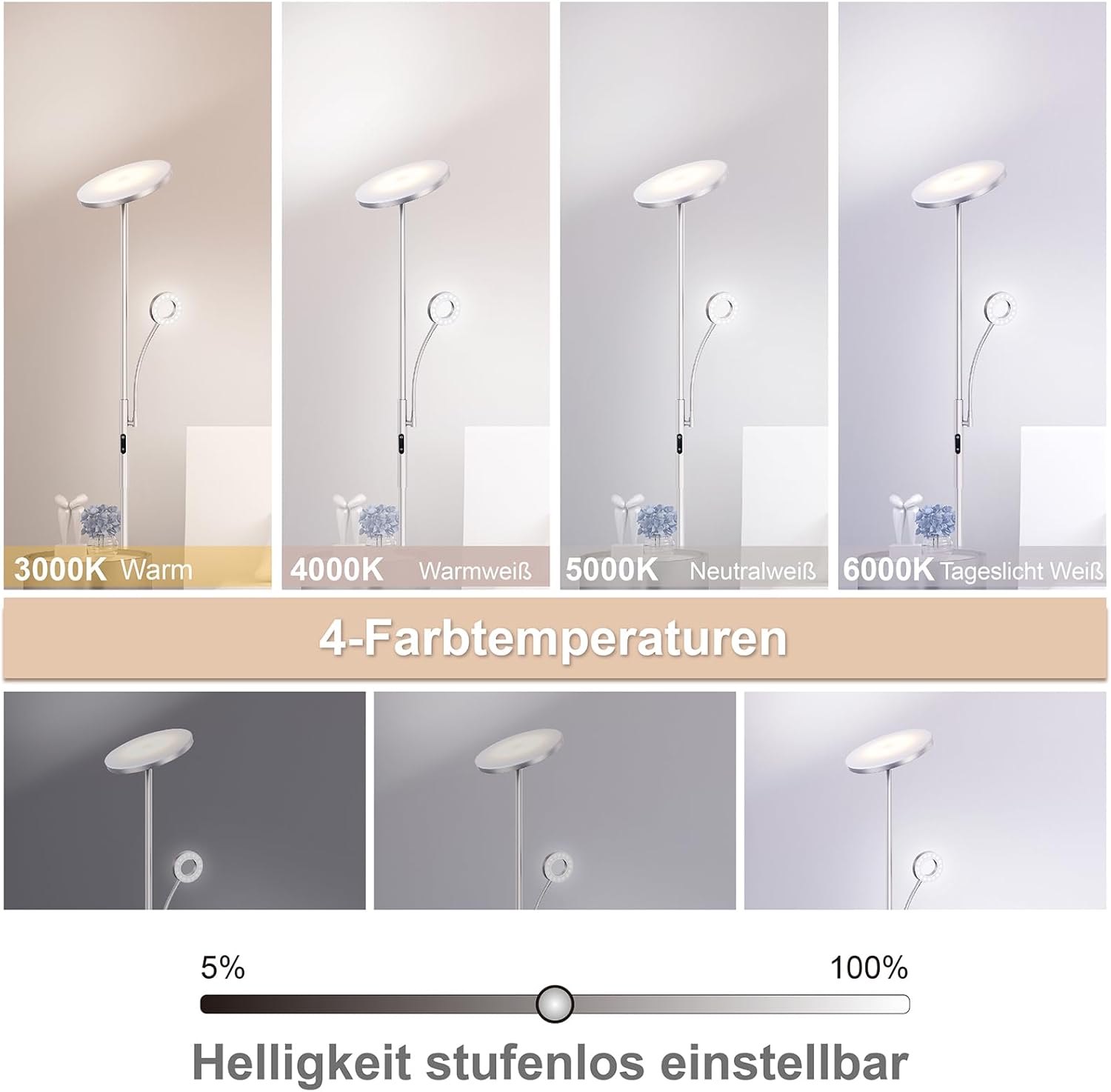 Detalle de Modlicht 35W Stehlampe LED Dimmbar Silber – 4200LM, 4 Farbtemperaturen, Fernbedienung & Touch-Steuerung